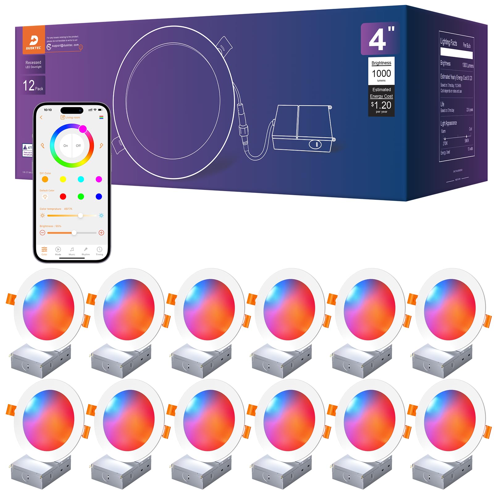 10W 1000LM Canless Downlight, 2700K-6000K, CRI>90, Timer, Voice/App Dimmable, IP44 Damp Rated, ETL, FCC,12 Pack DUSKTEC 4 Inch Smart Recessed Lighting, Bluetooth RGB LED Recessed Light