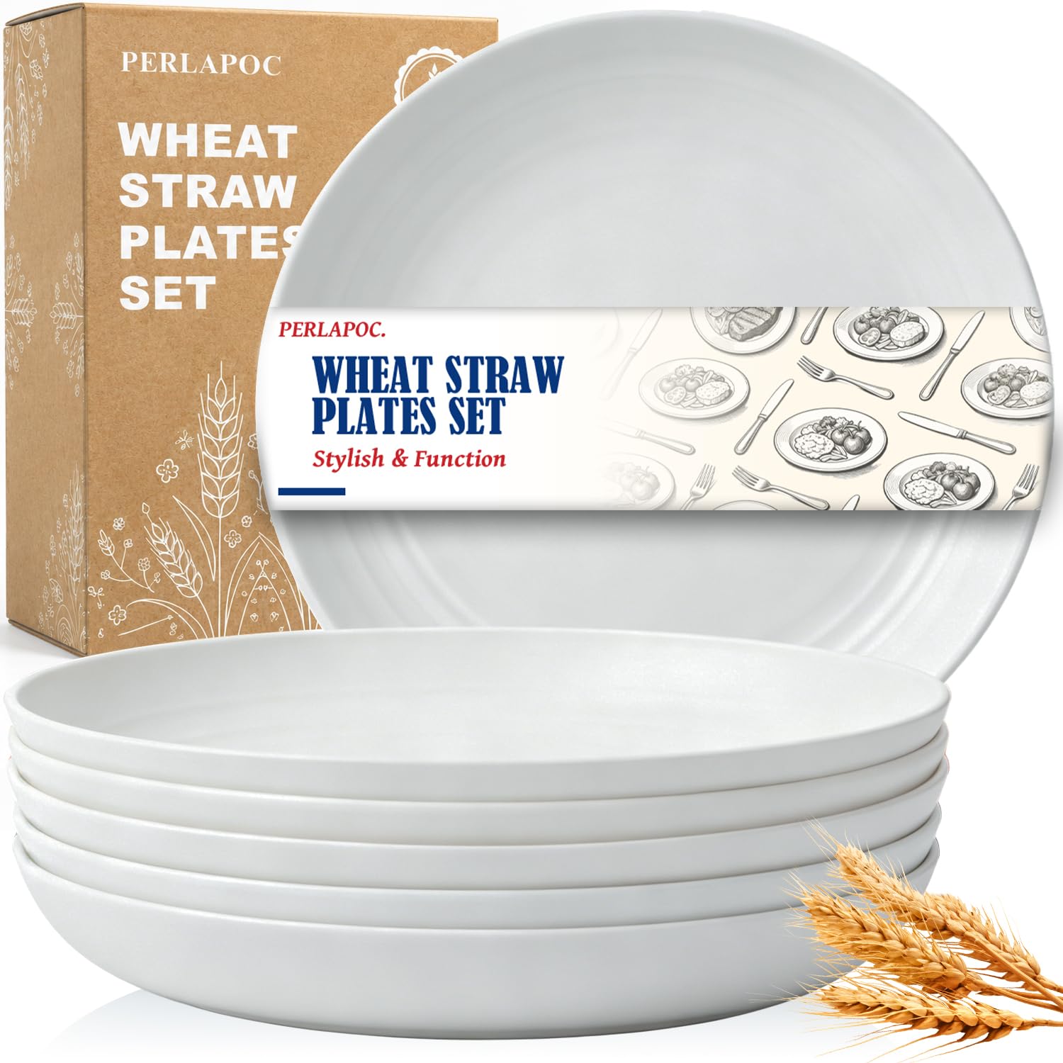 Wheat Straw Plates Set of 6, 11In Plastic Plates Reusable, White