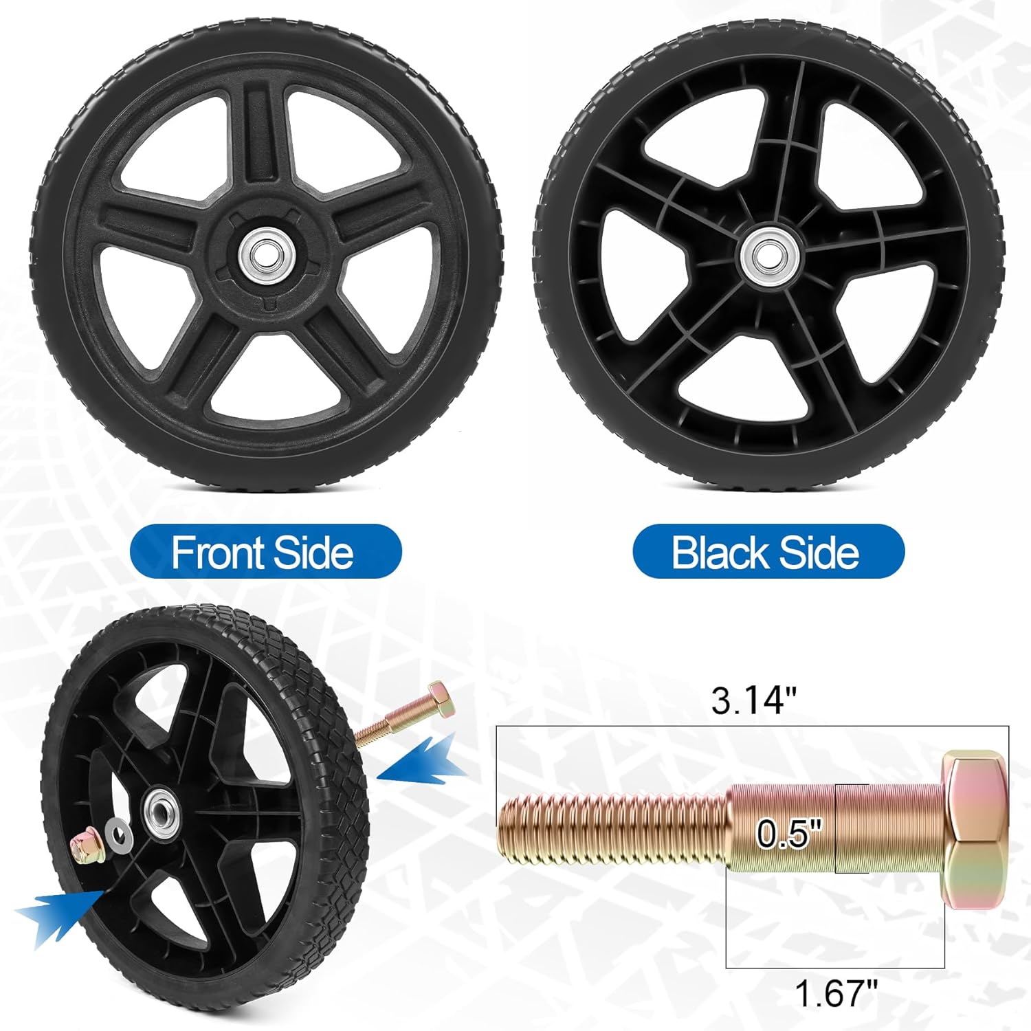 14 Inch Lawn Mower Wheels Kits Universal 14" Push Mower Wheels with 1/2" Bearing, Bolts & Nuts, Plastic Replacement Tires for Most Standard Garden Tiller, Pressure Washer, Handtruck, 2 Pack