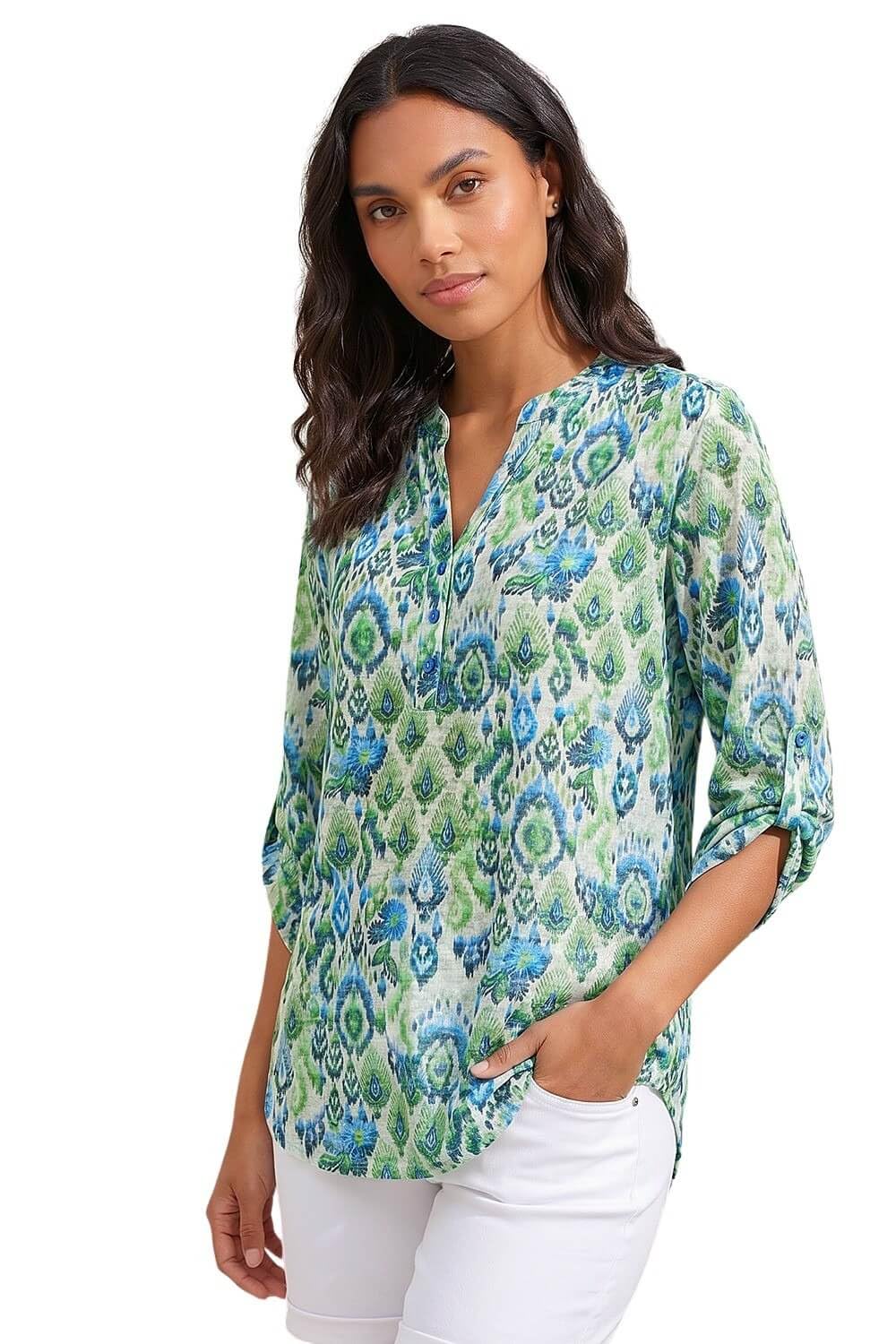 Roman Originals Women's Green Beige Roman Shirt For Uk Top Collarless Blouse Stretchy Tunic Smart Casual Autumn Winter Jersey 3/4 Length Sleeve Notch V Neck Flattering Office Work