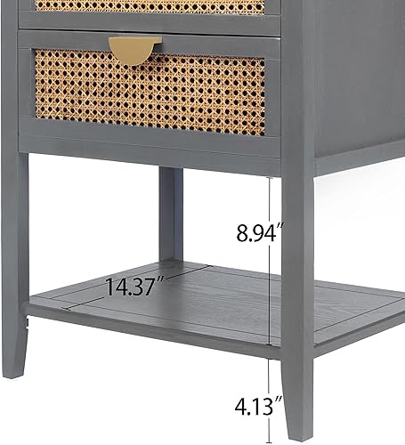 Miniatura 5 de Aisurun Mesita de noche con 2 cajones decorados de ratán natural y 1 estante abierto, mesa auxiliar para dormitorio, sala de estar (gris)