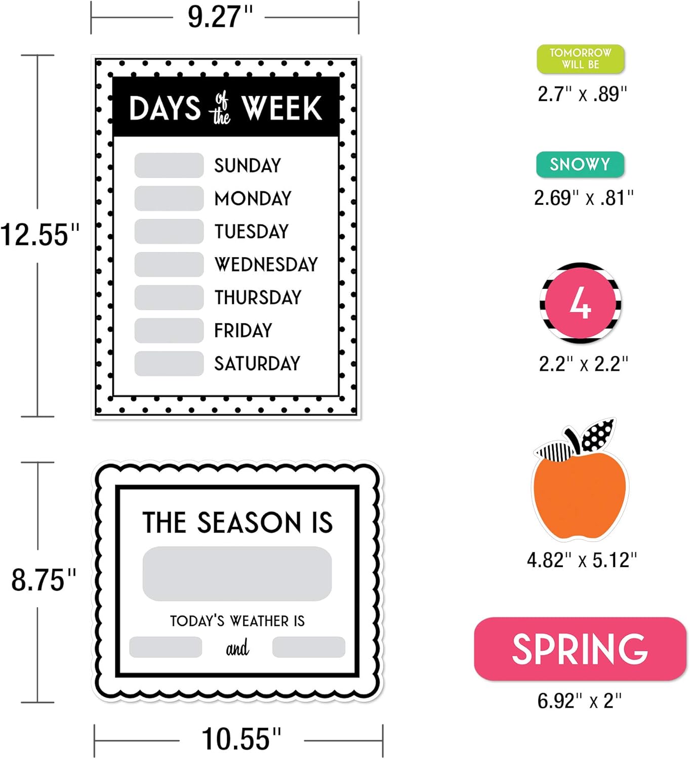 Schoolgirl Style Black, White & Stylish Brights Calendar Bulletin Board Set, Boho Monthly Wall Calendar With Numbers, Birthdays, Boho Decor, Weather and Days of the Week Chart, Classroom Decor (89 pc)