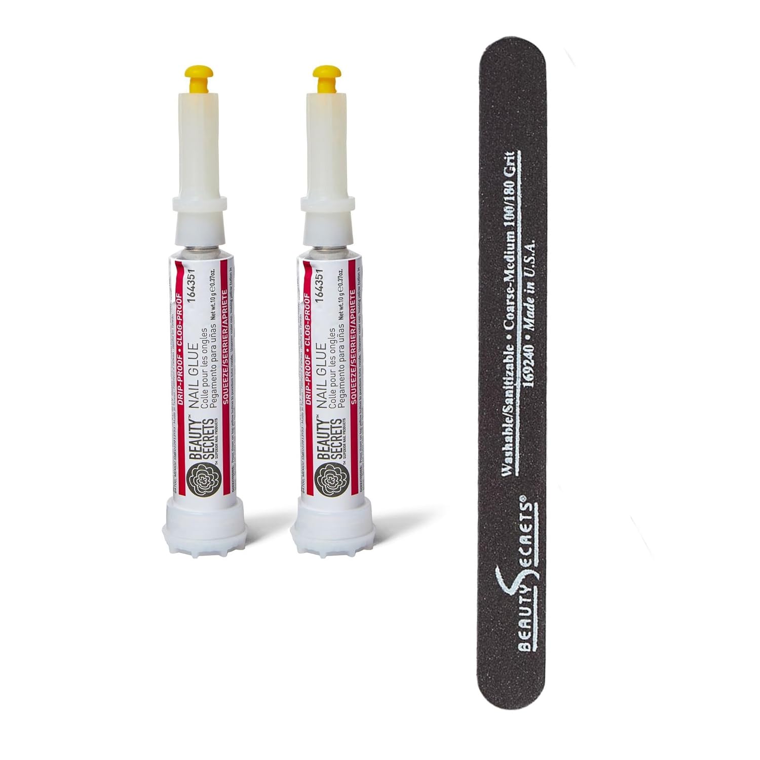 Beauty Secrets Drip & Clog Proof Nail Glue (2 Pack) Bundled with Nail File Black Cushion Medium Coarse 180/100 Grit by Beauty Secrets