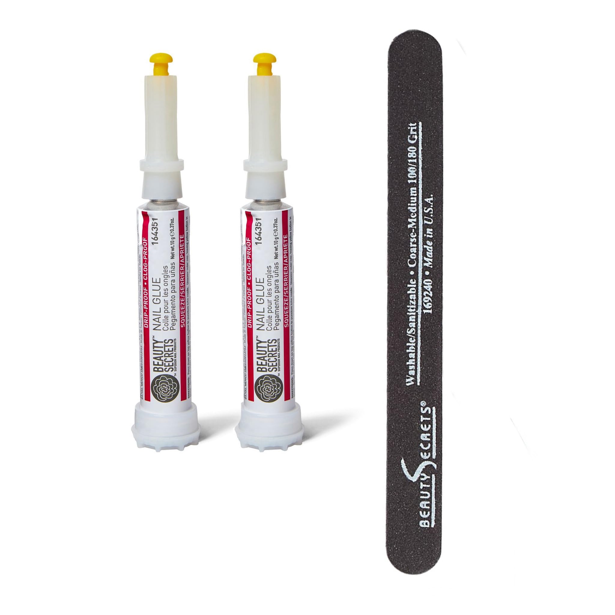 BEAUTY SECRETSDrip & Clog Proof Nail Glue (2 Pack) Bundled with Nail File Black Cushion Medium Coarse 180/100 Grit by Beauty Secrets