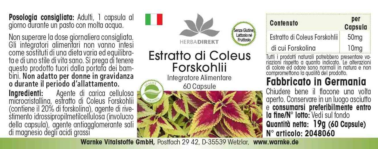 Coleus Forskohlina integratore - Estratto - con 10mg di Forskolin - 60 Capsule | HERBADIREKT by Warnke Vitalstoffe - Qualità da farmacia tedesca
