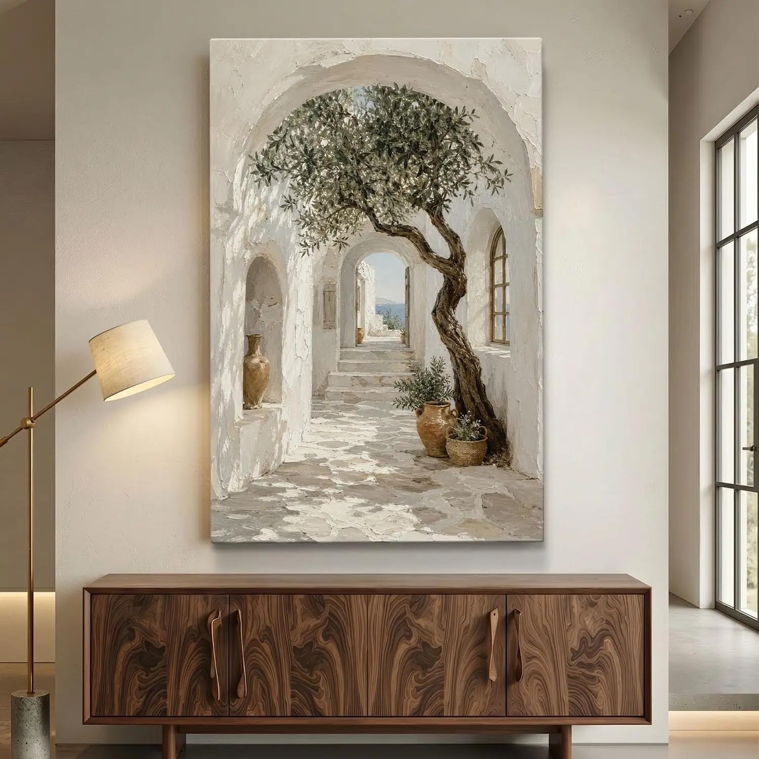 GOSRD Mediterranean Olive Tree Canvas Print, Greek Architecture Wall Art Neutral Home Decor Rustic Courtyard(70x110cm/Frameless)