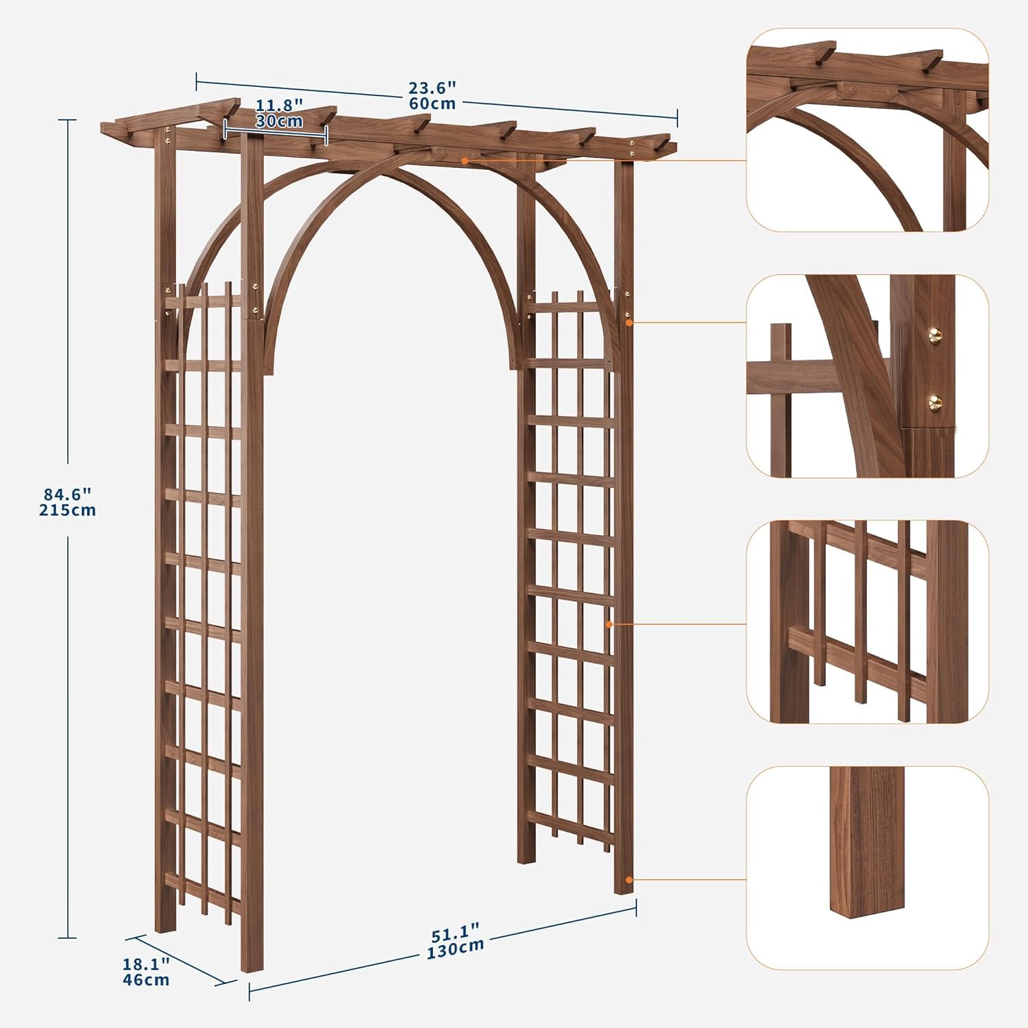 Garvee Gartenbogen Holz 215 cm – Stabiler Rosenbogen & Hochzeitsbogen | Natur-Fichtenholz, witterungsbeständig, stabiles Gitter-Design, schneller Aufbau, für Kletterpflanzen geeignet