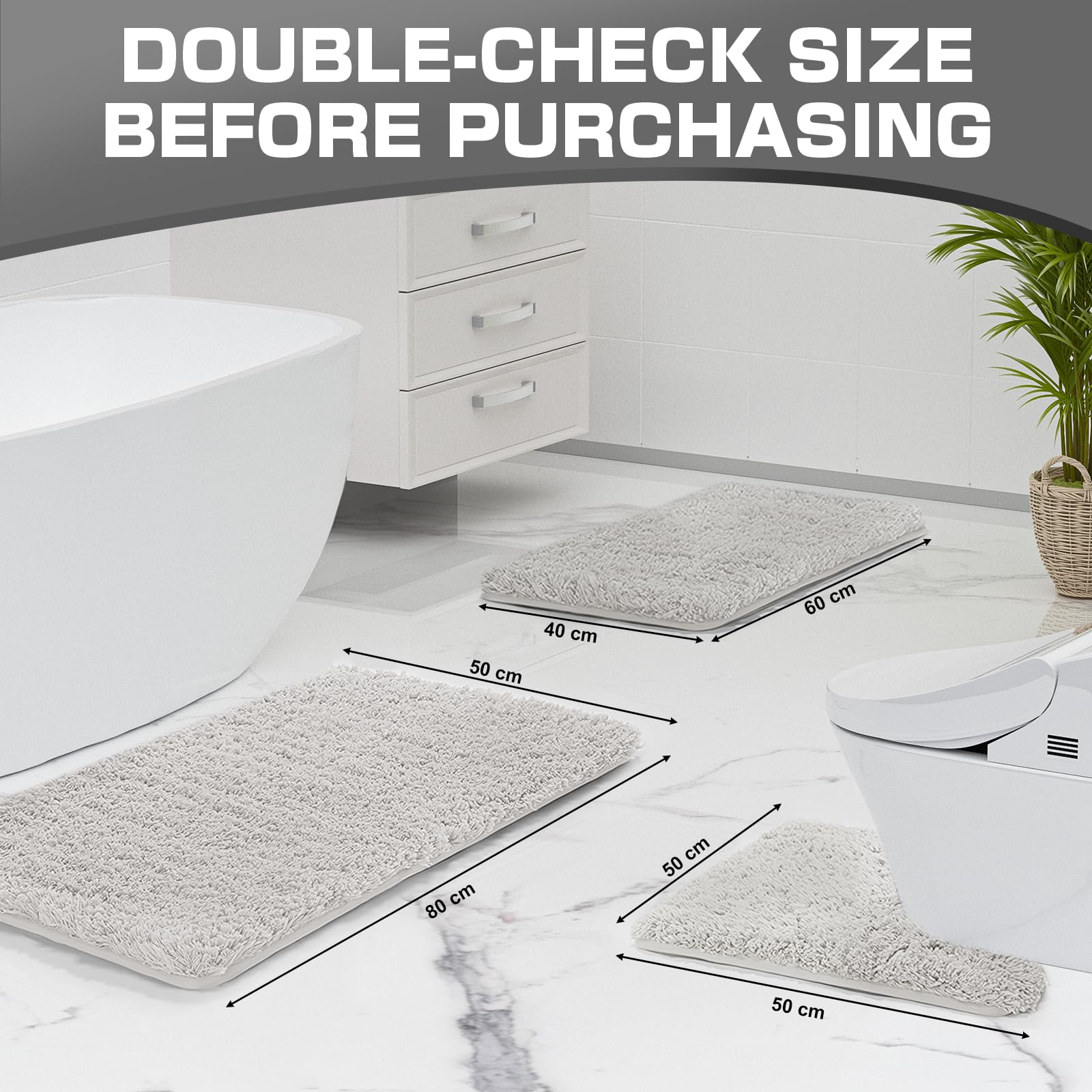 wyewye Microfibre Bath Mat, 2cm Super Thick, Super Absorbent Bathroom Rug 50x80cm Light Grey, 50 x 80 cm - Image 2