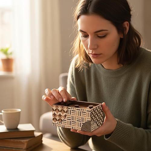 Miniatura 6 de Enigma Decode - Caja de rompecabezas secreta - Soporte para dinero y tarjetas de regalo en un candado de madera con dos compartimentos ocultos