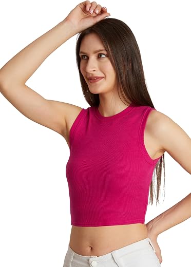 BERRY BIRD® Women's &amp; Girls' Solid Ribbed Round Neck Collarless Sleeveless Slim Fit Simplicity Tank Top