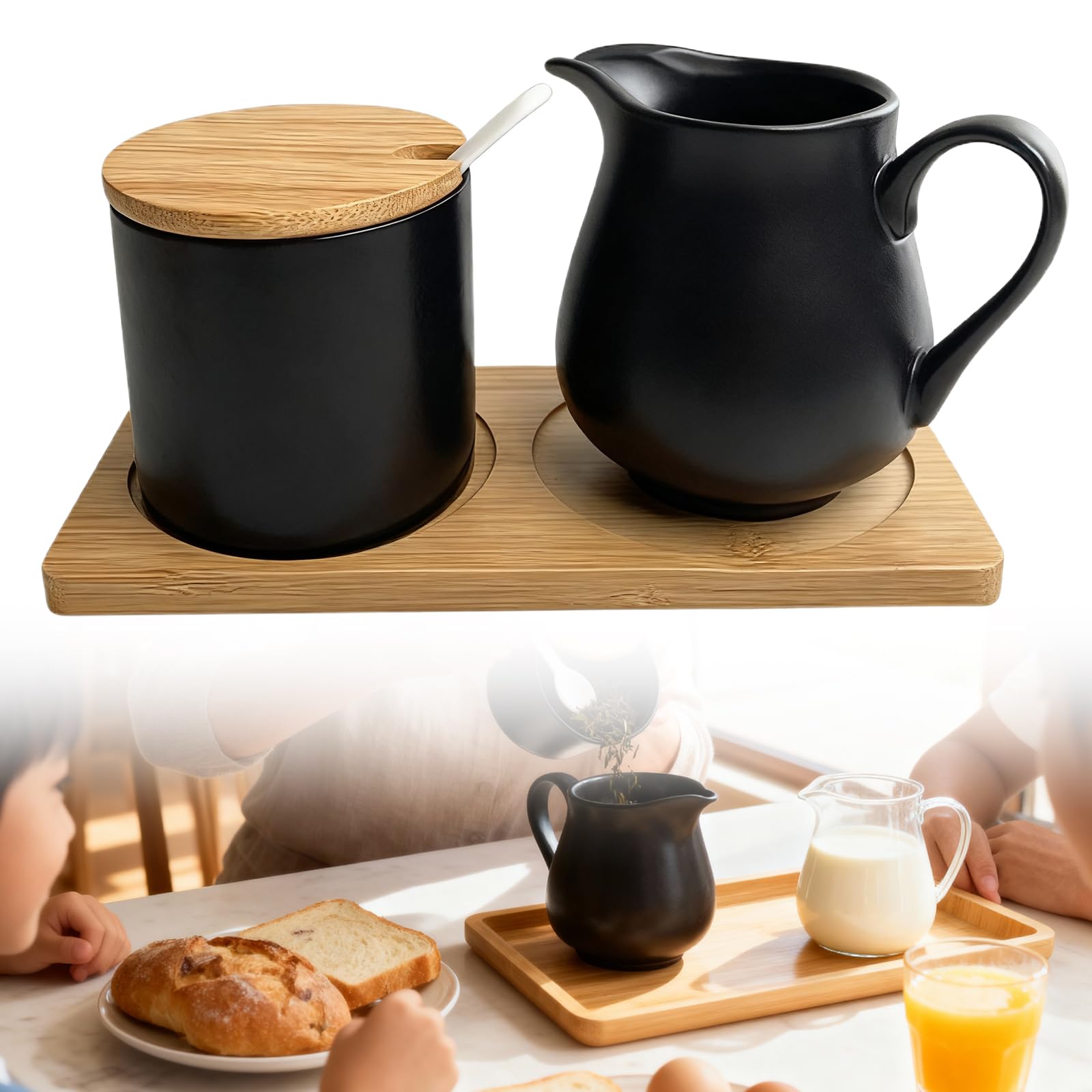 PORFOYO Juego de leche y azúcar con tapa y cuchara, jarra de leche de cerámica con bandeja de madera, azucarero barista, juego de azúcar y crema, apto para lavavajillas y microondas, color negro