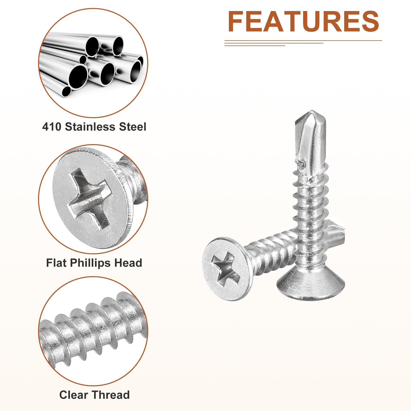 DTGN 100Pcs ST4.8x25mm Self Drilling Screws, 410 Stainless Steel Flat Head Phillips Sheet Metal Screw - Image 4