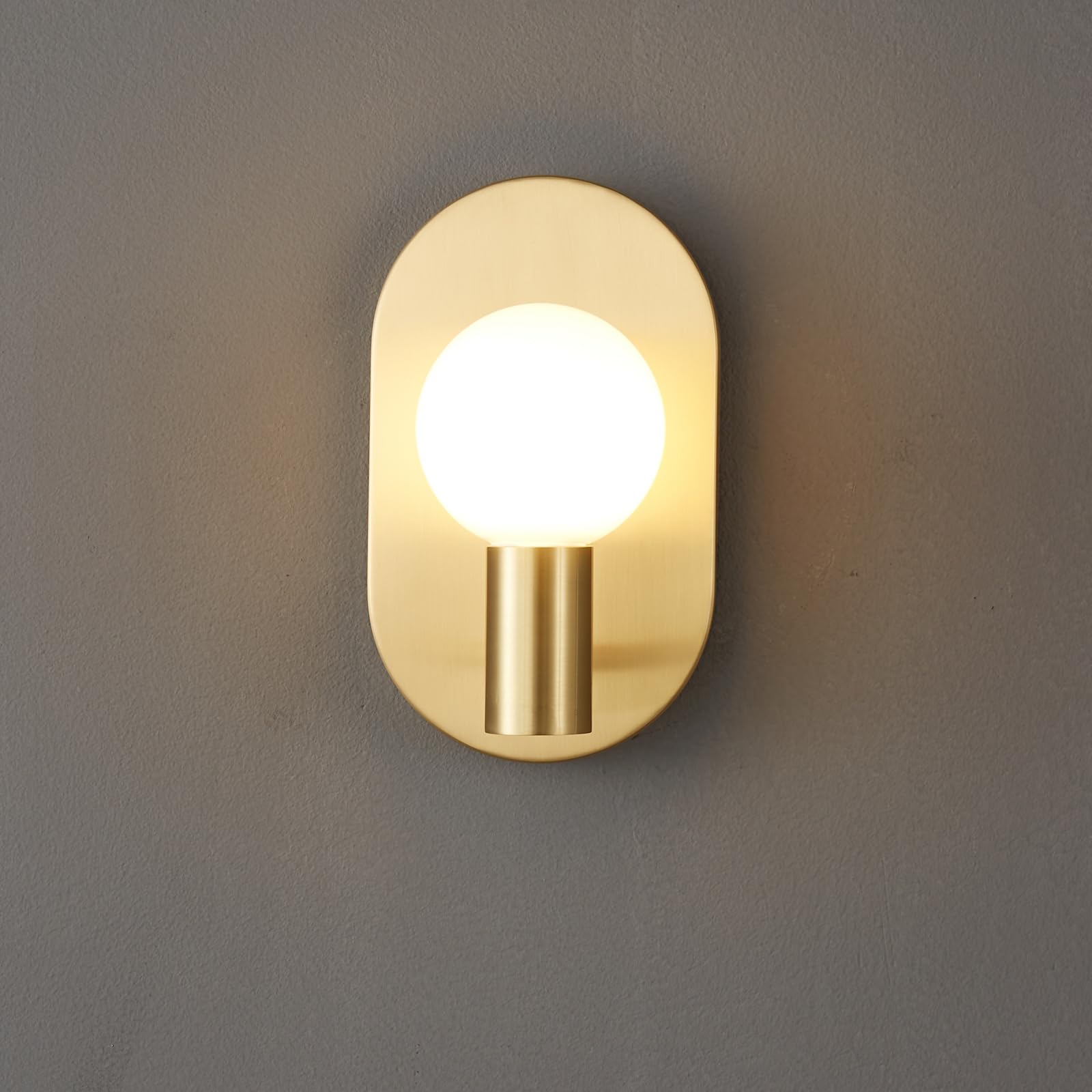 SXSCARKX Modern Brass Wall Sconce with White Glass Globe - Minimalist Oval Base, Elegant Ambient Lighting for Bedroom, Hallway, Bathroom, Entryway | Mid-Century & Scandinavian Style Decor (