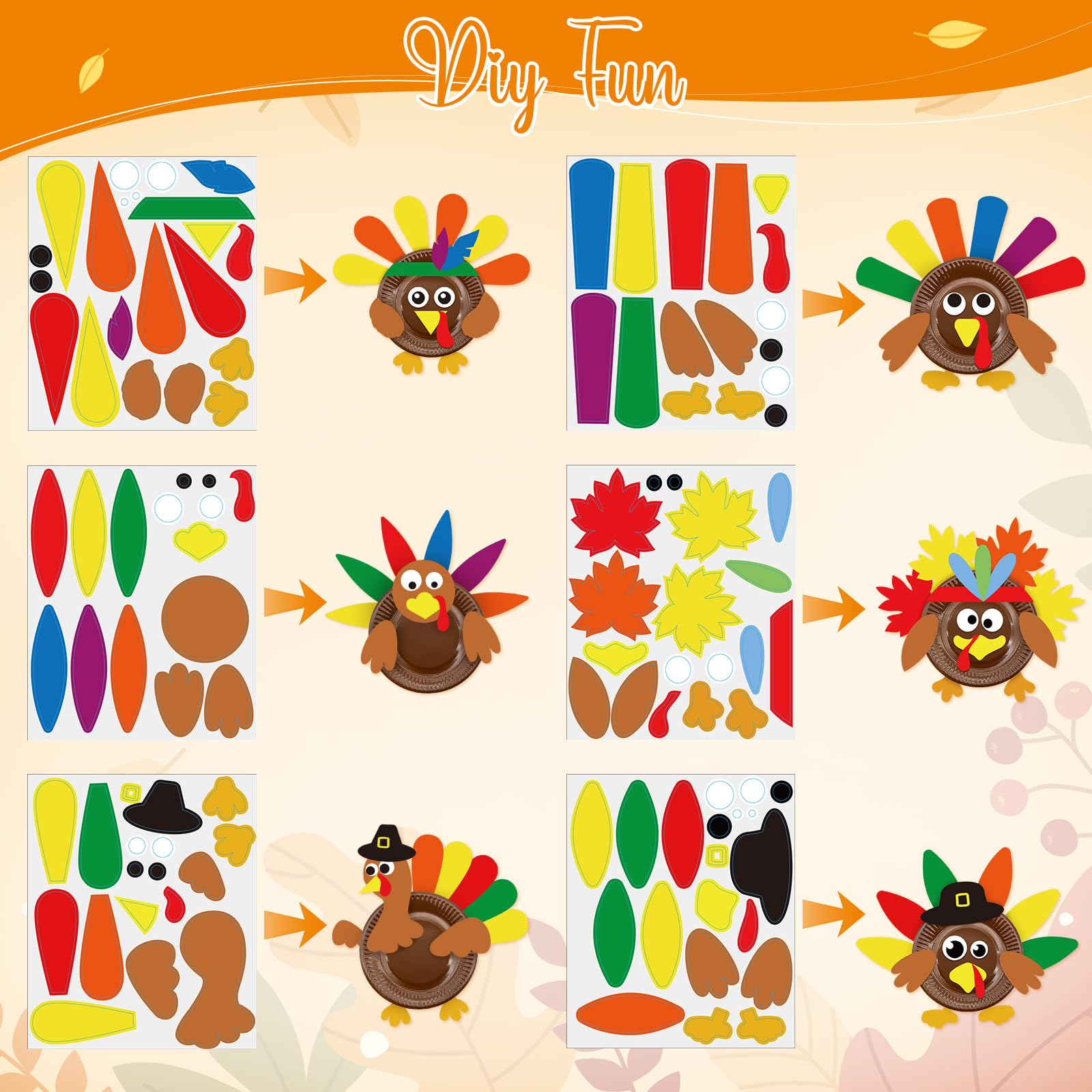 24 Sets Thanksgiving Turkey Craft Kits - DIY Fall Classroom Activities With Plates & Paper Cutouts For Kids