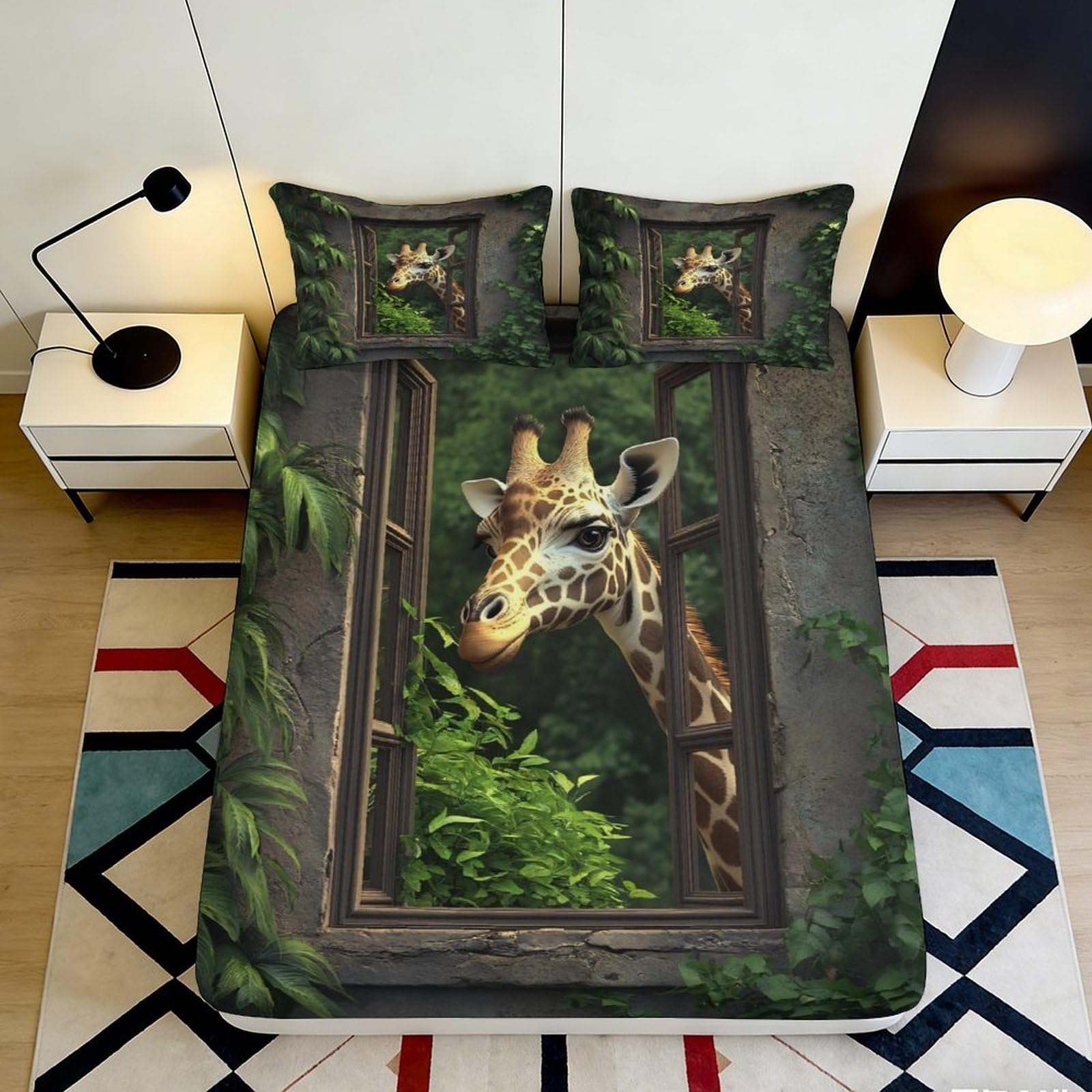 3D Printed Giraffe Jungle Fitted Sheet Microfiber Soft Green Animal Bed Cover for Bedroom Guest Room Decor 90x200x25cm