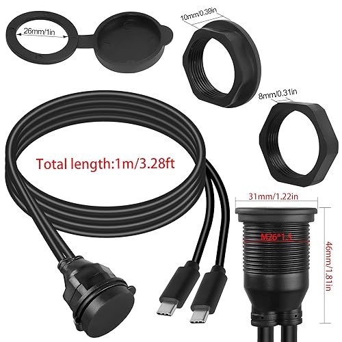 Miniatura 6 de QIANRENON 2 USB C roscado montaje empotrado cable impermeable doble USB C 2.0 macho a hembra montaje en tablero de coche cable de extensión para