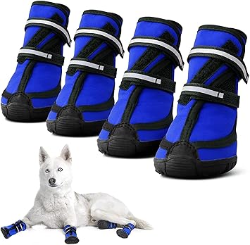 KUTKUT Dog Boots for Medium Large Dogs, Waterproof Dog Shoes with Nonslip Rubber Soles & Reflective Straps, Pet Booties High-Ankle Paw Protectors for Walking, Hiking, Running (Blue, 2XL)