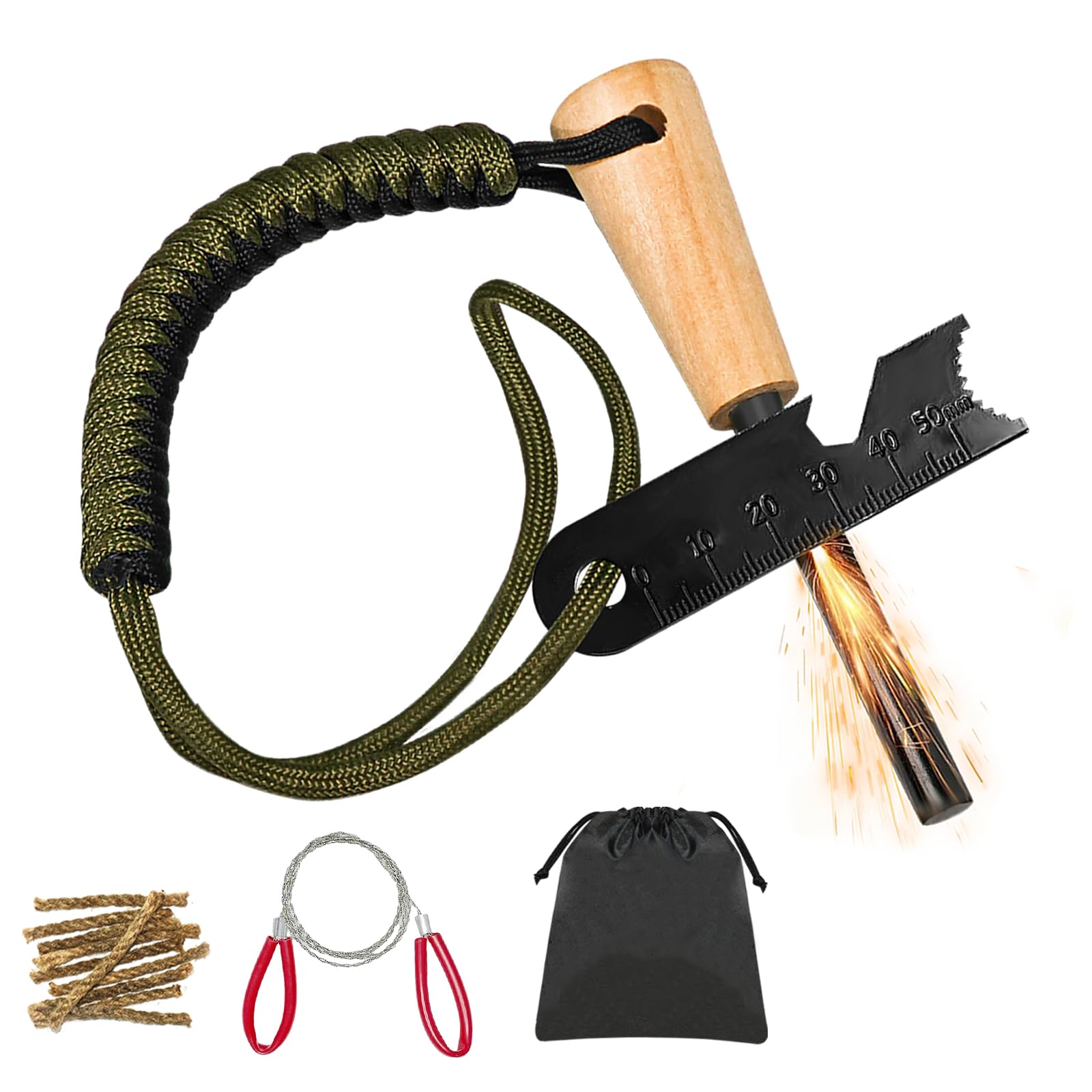 Kzviglo Ultimate Fire Starter Kit - Magnesium Rod, Flint and Steel Striker, Wire Saw, Waxed Jute Tinder, Paracord Strap, and Waterproof Pouch - Ideal for Camping, Hiking, Emergency