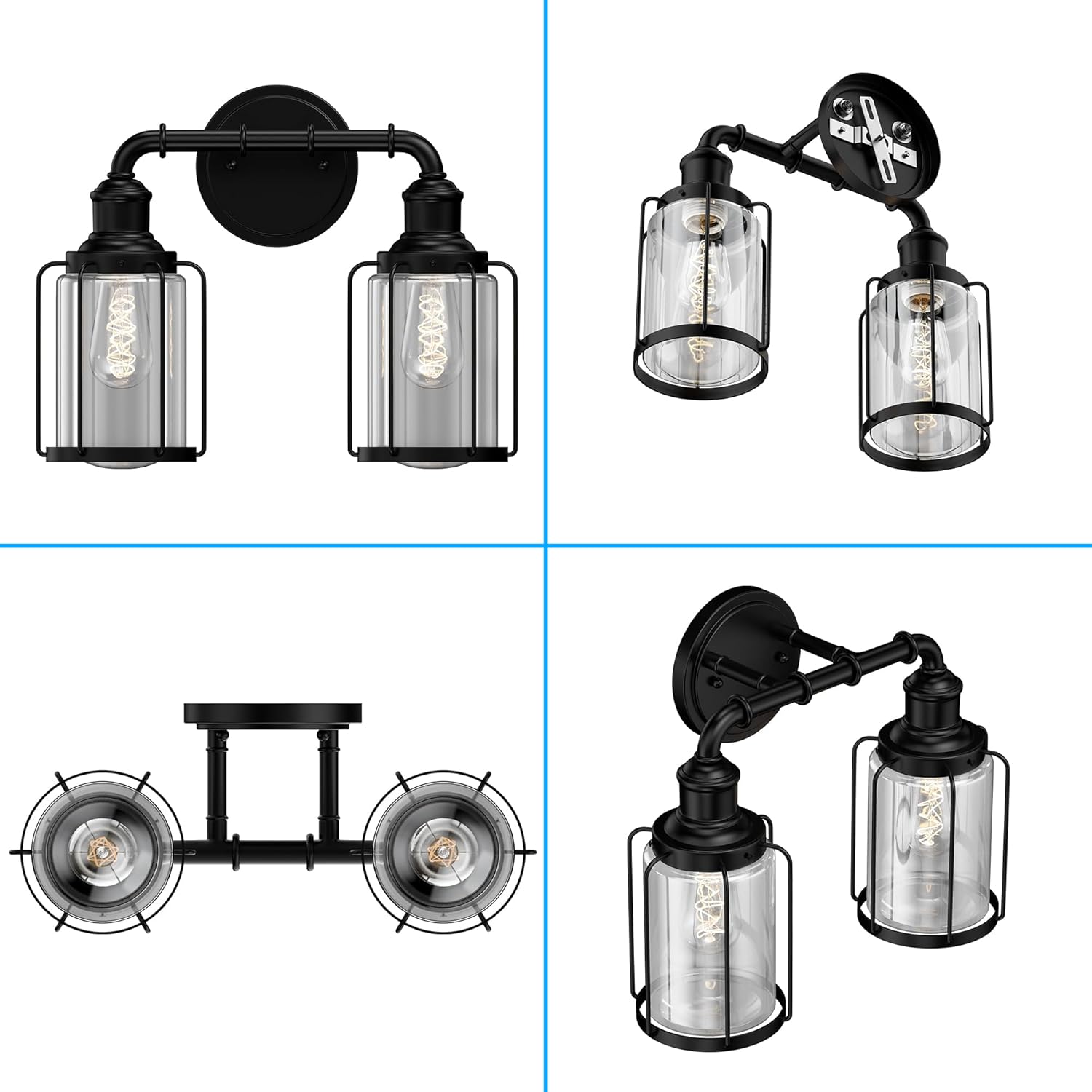 LEDMyplace 2-Lights Bathroom Vanity Light Over Mirror, Matte Black Wall Lights with Birdcage Shape, Clear Glass Shade E26 Base Decorative Wall Lamps for Living Room, Bedroom, Hallway, Kitchen