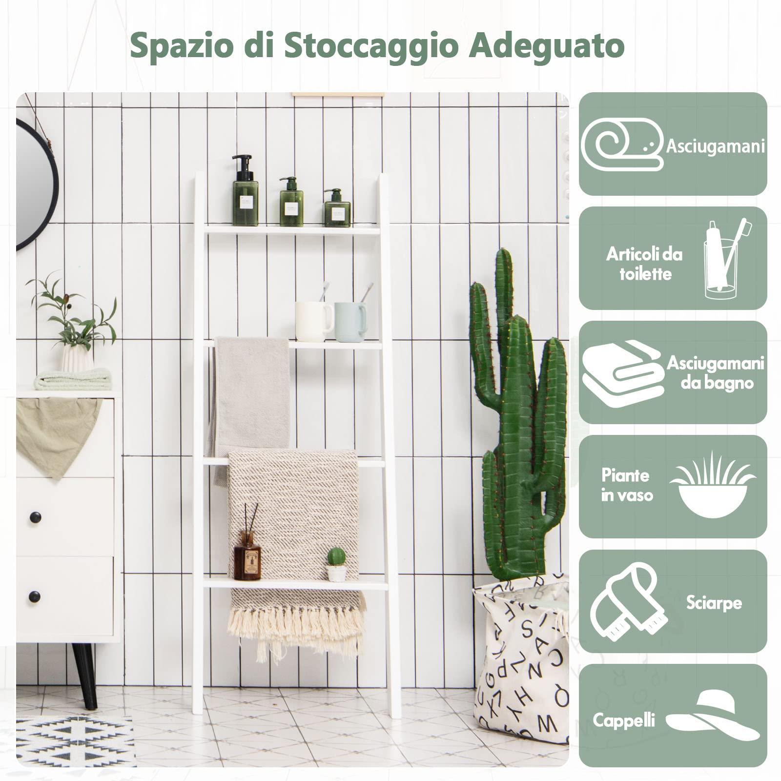 COSTWAY Scaffale di Stoccaggio in Legno di Pino, Porta Asciugamani a 4 Livelli per Bagno, Porta Salviette, Multiuso per Bagno Soggiorno (Bianco, 51 x 8 x 137 cm)
