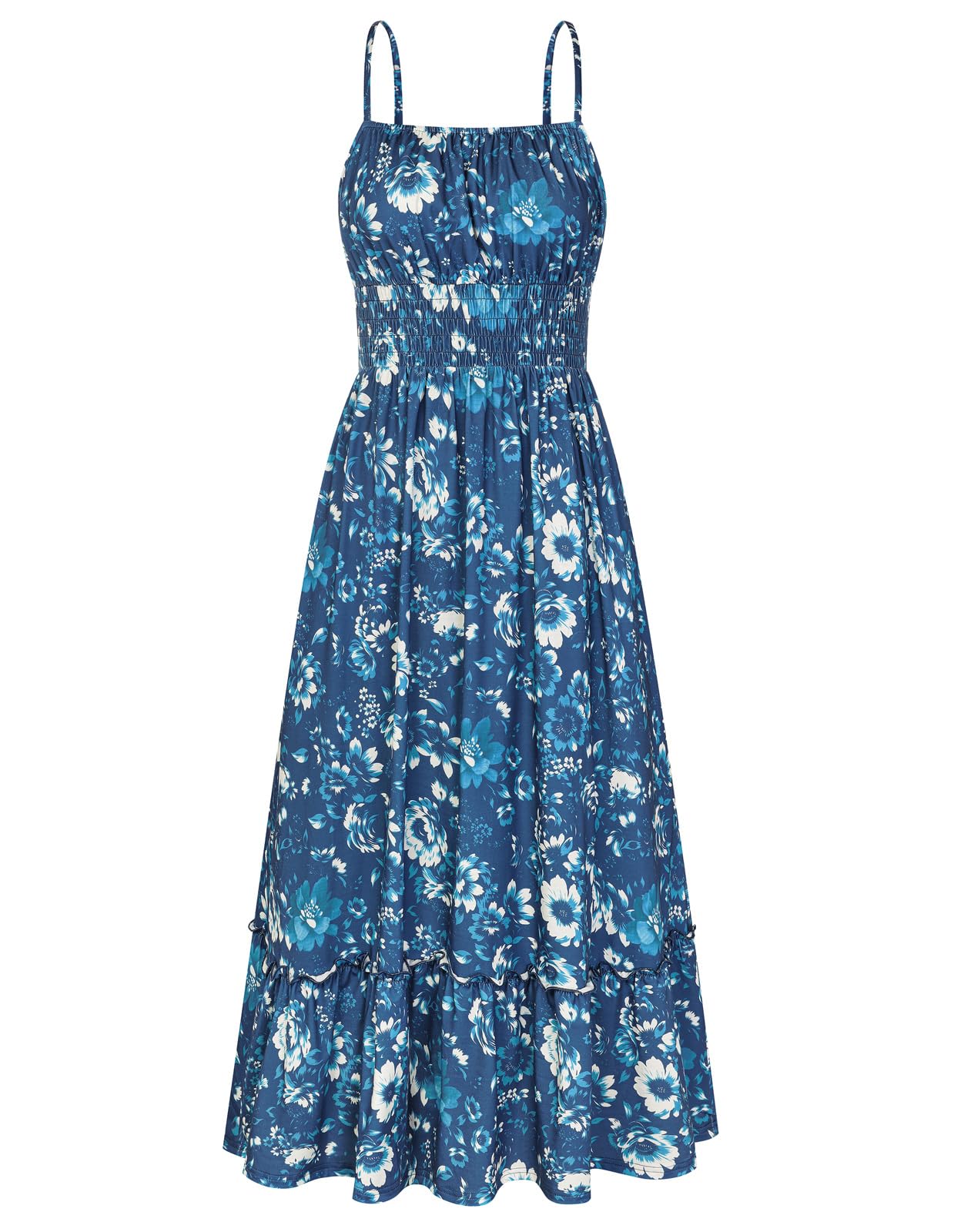 GRACE KARIN Summer Dresses for Women 2026 Vacation,Smocked Floral Maxi Dresses,Boho Beach Long Sundress Dark Blue S