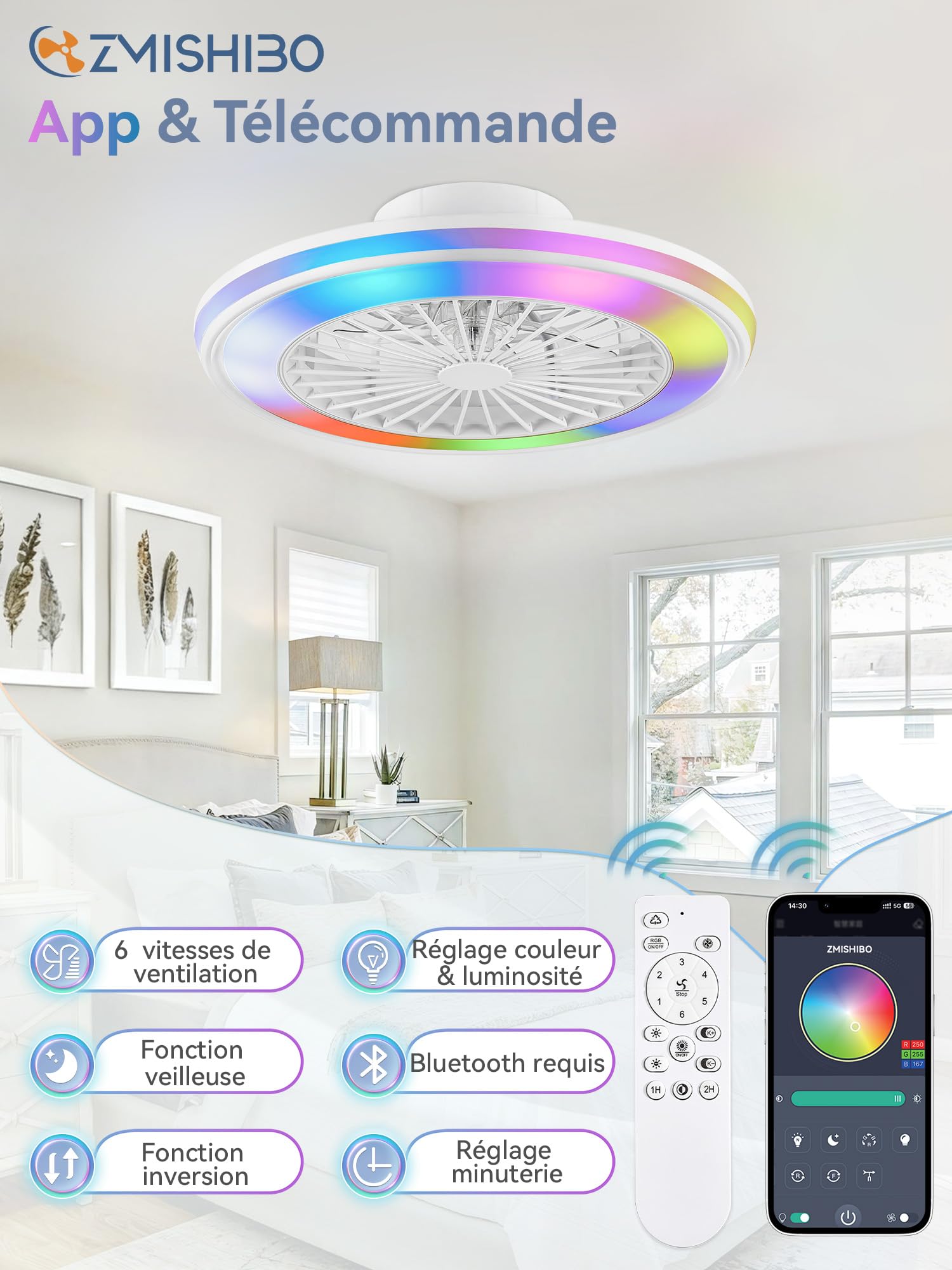 ZMISHIBO Ventilateur de plafond silencieux avec lumière 49,5 cm, sans pales, LED 32 W + moteur DC 16 W, 6 vitesses, 3 couleurs, APP & télécommande, minuterie, lampe ventilateur plafond blanche（RGB）
