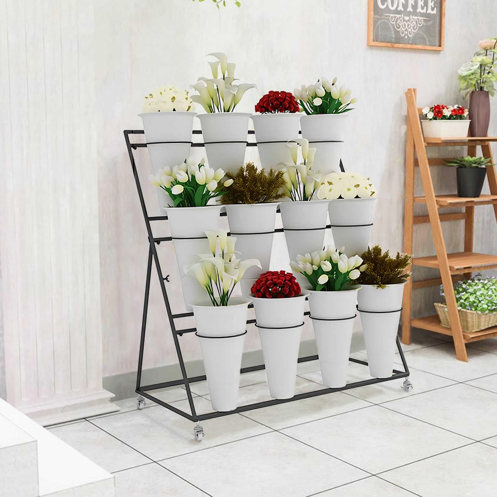 Support à plantes à 3 niveaux en métal noir haut de gamme pour aménagement de jardin