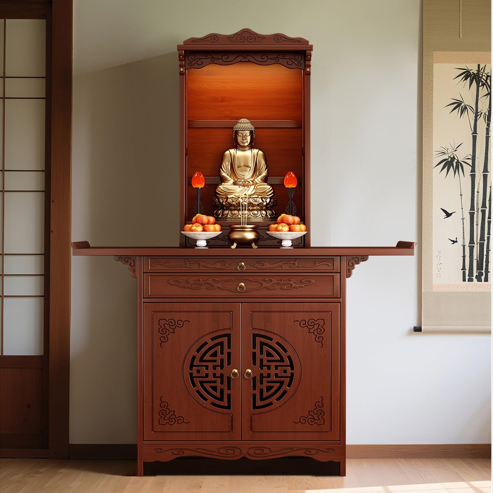 MESCXTY Altar Table with Drawer and Shelf,Buddhist Meditation Cabinet for Home Or Temple Display, Large Storage Compartment, Functional Spiritual Furniture Prayer,