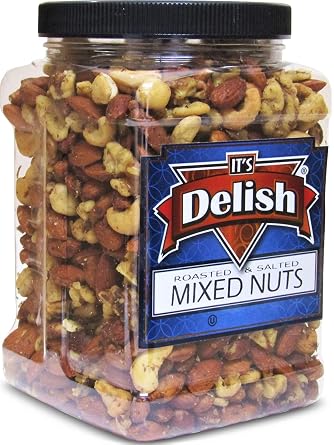 Deluxe Roasted Salted Mixed Nuts in Sea Salt by Its Delish Bulk 2 lbs Jumbo Reusable Container Jar - Premium Roasted Nut Mix Without Peanuts Delicious Snacking Nuts Great Parties Snacks, Keto, Vegan, Kosher