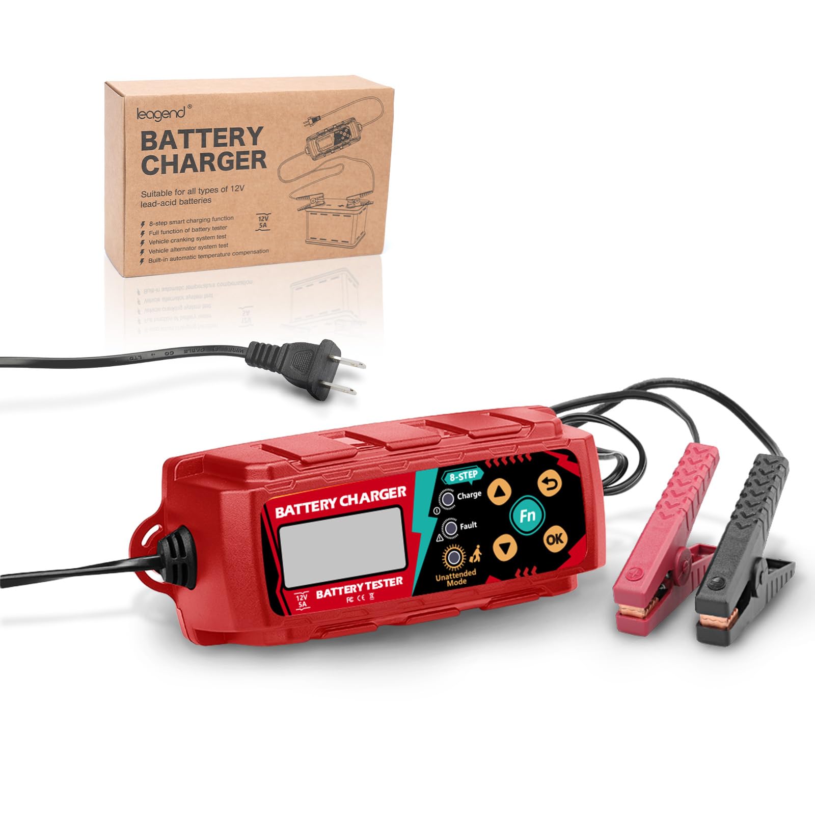 leagend Battery Charger 12V 5A 8-Step Smart Trickle Charger - Battery Tester, High/Low Temp Compensation & Unattended Mode, Compatible with All 12V Lead-Acid Batteries (1.2-160Ah)