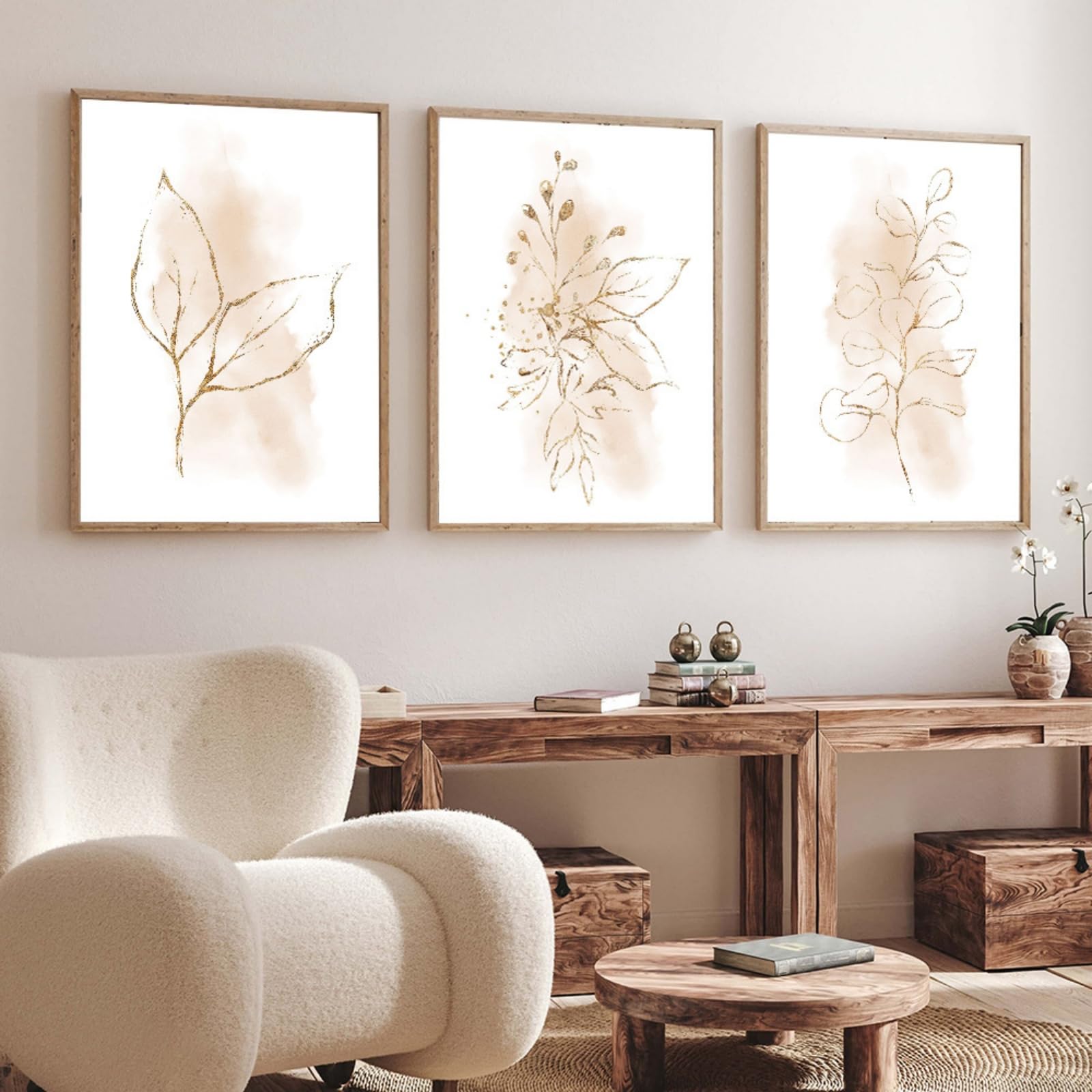 JORCEDI Boho Canvas Wall Art Set of 3, Beige Watercolour Gold Leaves Posters Prints, Minimalist Botanical Room Decor for Bedroom Living Room, 21x30-50x70cm, Unframed (30x40 cm,A)