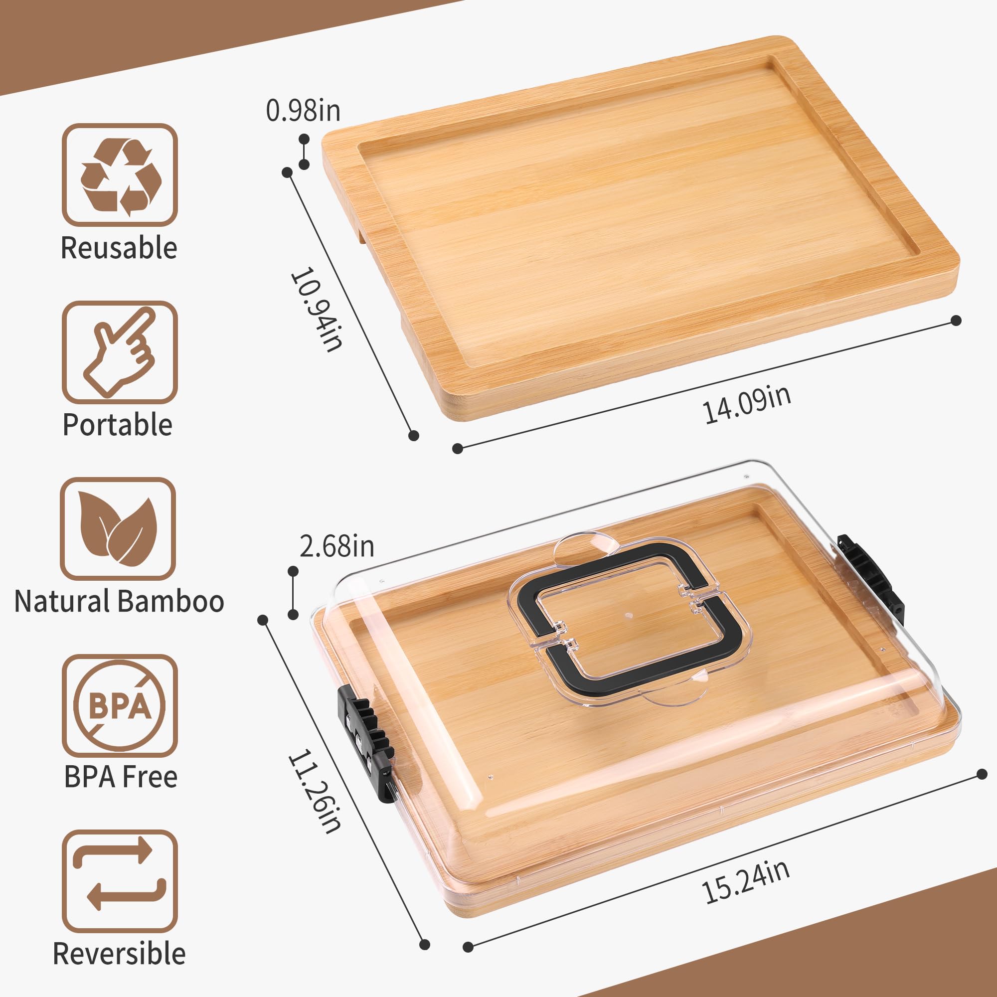 Tabla de charcutería con tapa y asa, juego de tablas de queso de bambú portátil de diseño de viaje con 4 herramientas de queso, regalo para inauguración de la casa, bodas, picnics (1 5