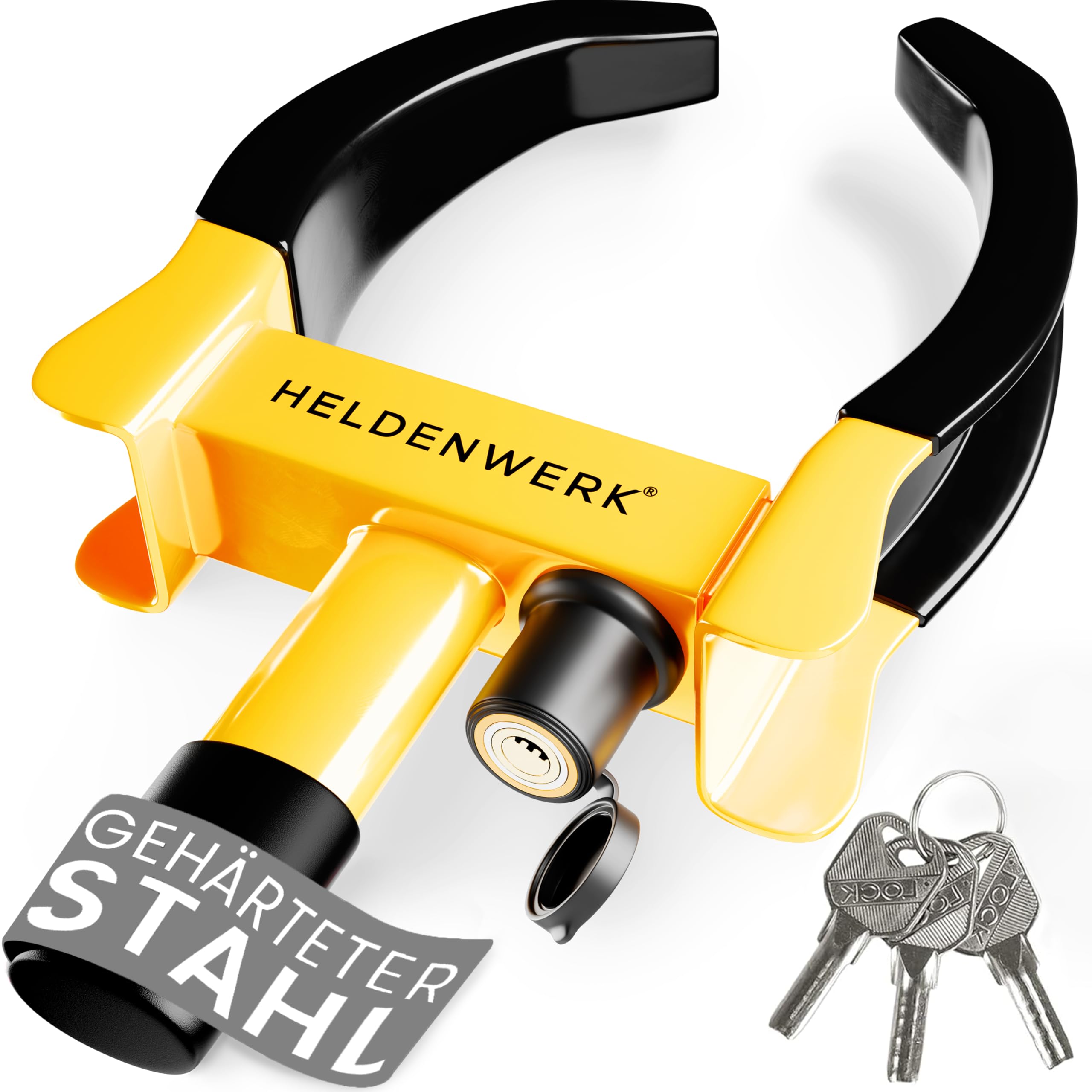 HELDENWERK Cepo de estacionamiento con cerradura de seguridad y 3 llaves – cepo para coche, caravana, remolque, motocicleta – garra de neumáticos de coche, garra de coche, garra de rueda para