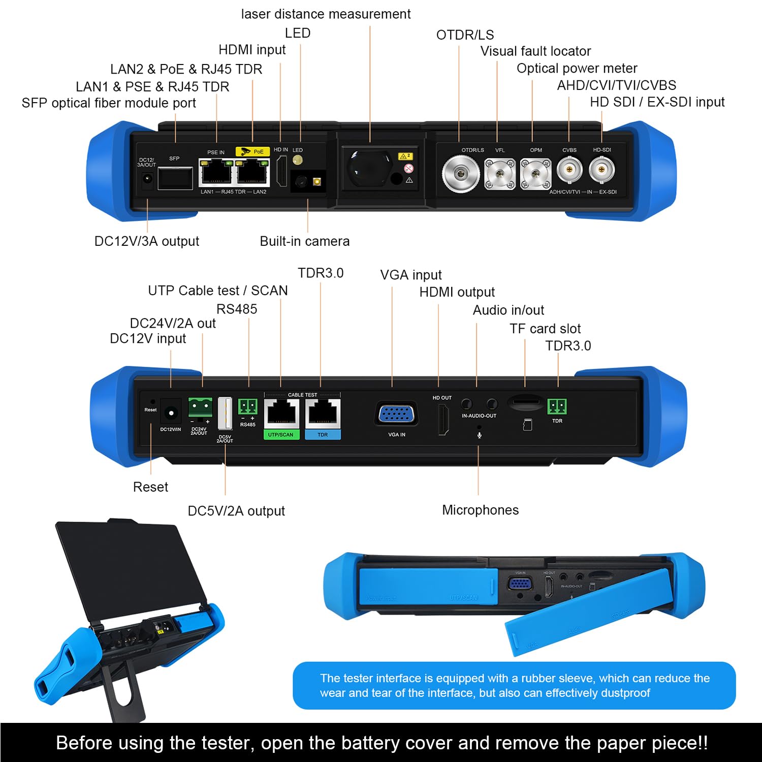 WANLUTECH OTDR Fiber Test 1310/1550nm OPM LS VFL OLT Event Map SDI AHD CVI TVI CVBS 8K IP Camera Tester Gigabit SFP Port Digital Multimeter Cable Tracer RJ45 Cable TDR Test Network Tools HDMI VGA