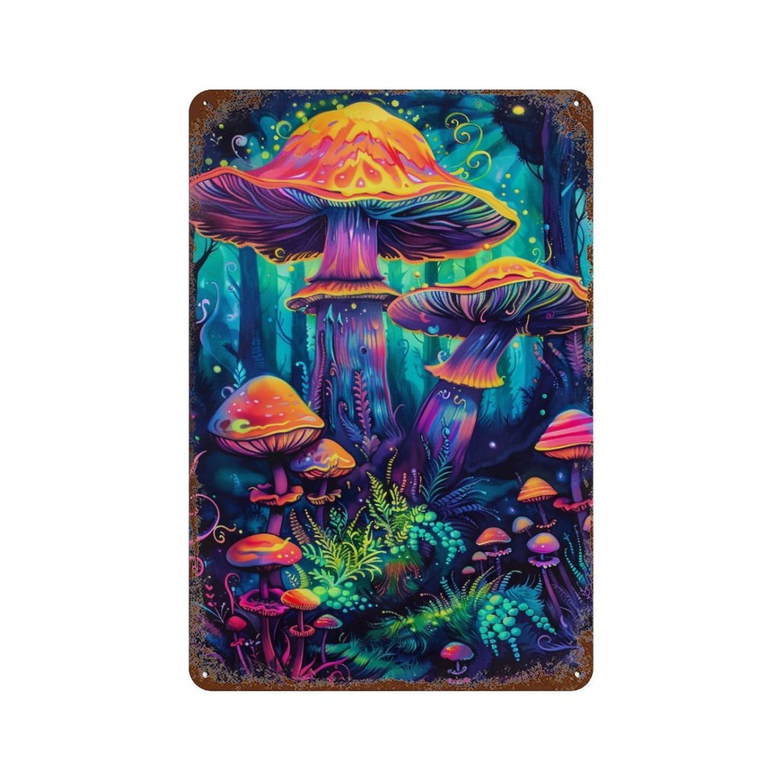 Retro Metal Sign with Glow in Dark Mushroom Forest Design 11.8"x7.9", for Shed, Workshop And Garage Wall Decor, Old School Wall Decor