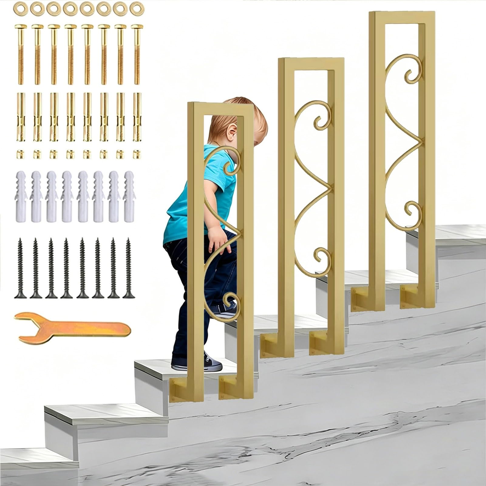 Pasamanos de montaje lateral para escalones interiores Barandilla de escalera exterior - Hierro forjado negro dorado Piquete de barandilla de cubierta de porche para 1 escalón(Gold,100cm)