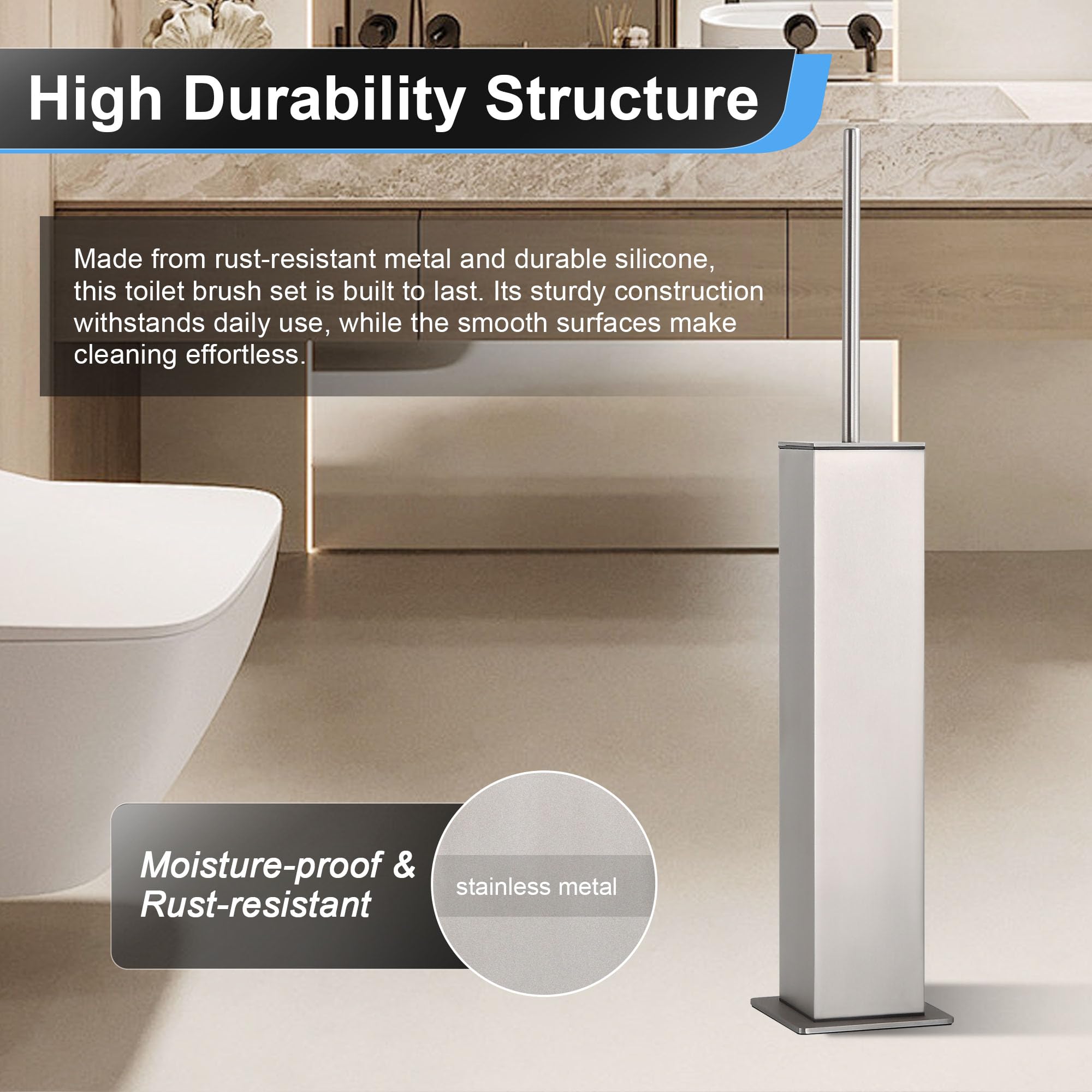 BVL Set di scopino e portascopino per WC in acciaio inox nichel spazzolato 304 quadrato autoportante per bagno