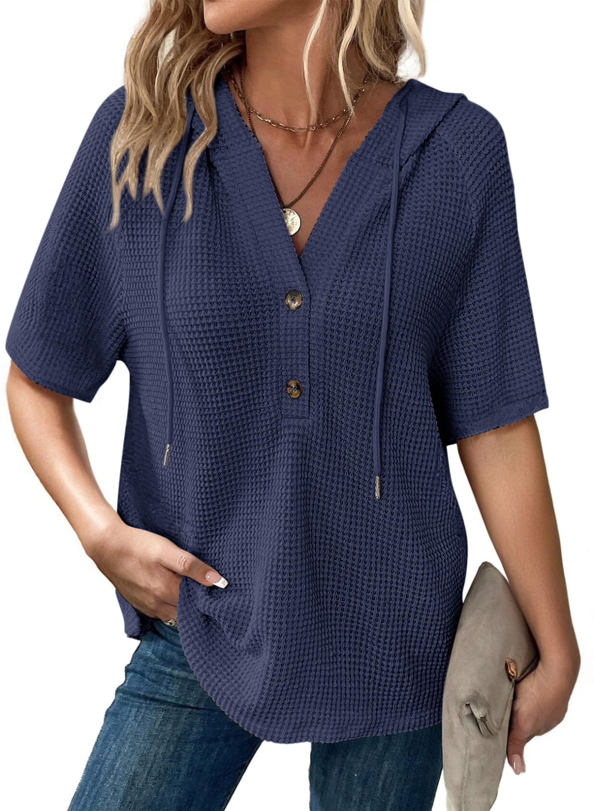 Dokotoo Damen Sommer Hoodie Oberteile Waffel Kurzarm Kapuzenpullover Tunika Oberteil Pullover Kordelzug Sweatshirt Einfarbig Sweatshirts Frauen Lässig Tops T-Shirts S-XXL
