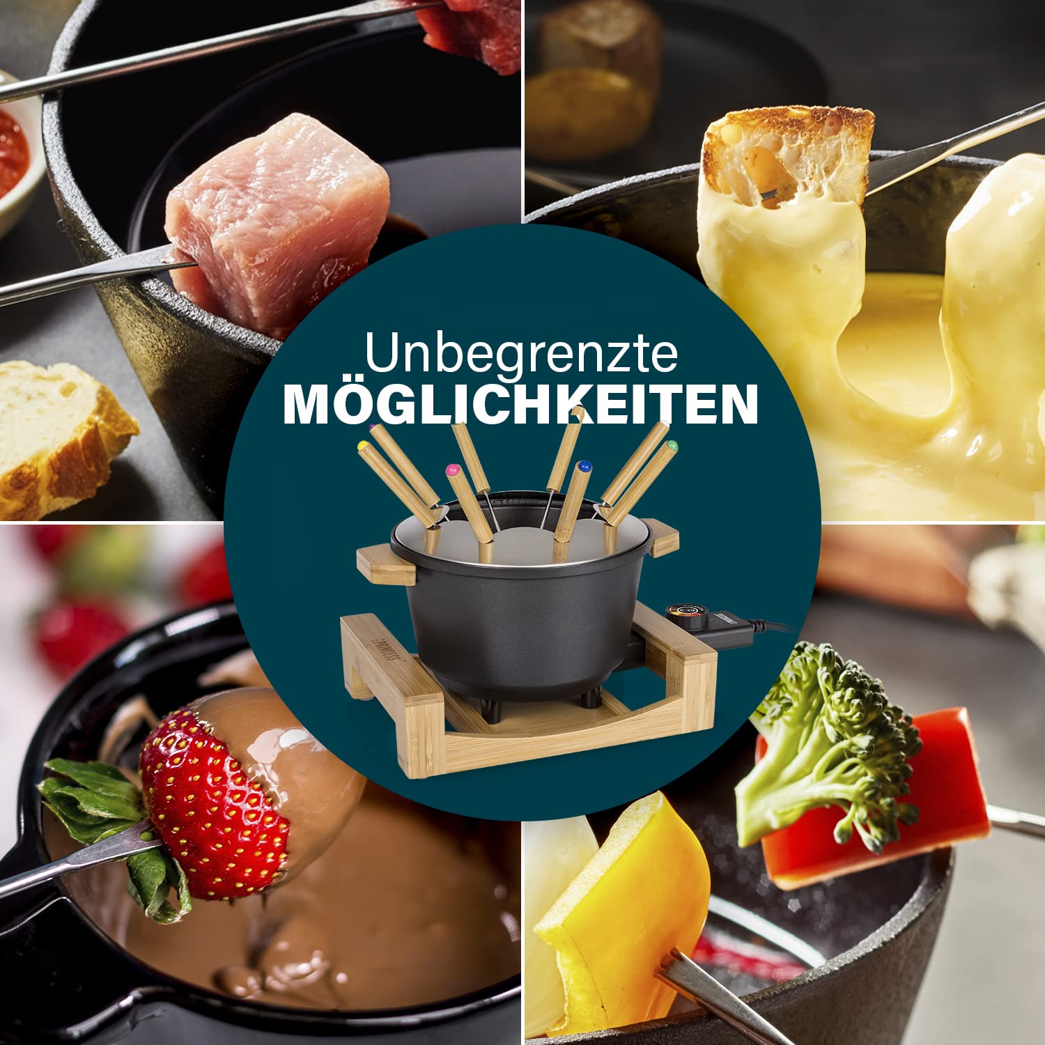 Princess Fondue-Set 1,5 L für 8 Personen – Bambus-Design, Antihaftbeschichteter Topf, einstellbarer Thermostat, inkl. 8 Gabeln, ideal für Käse-, Fleisch- und Schokoladenfondue, leicht zu reinigen