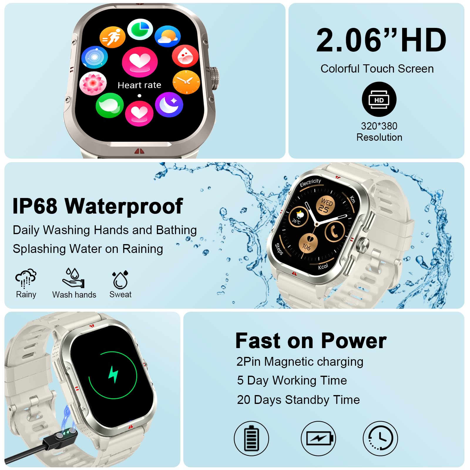 GPS Smartwatch Uomo Donna, 2.06" HD Orologio Smartwatch con Chiamate Bluetooth, Cardiofrequenzimetroi/Sonno/SpO2/Contapass, 100+ Sportive Smart Watch, IP68 Impermeabil Fitness Tracker per iOS Android