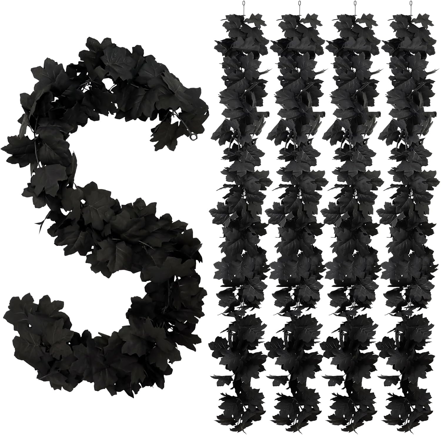 Halloween Black Maple Leaf Garland with Hooks, 5Pcs Fall