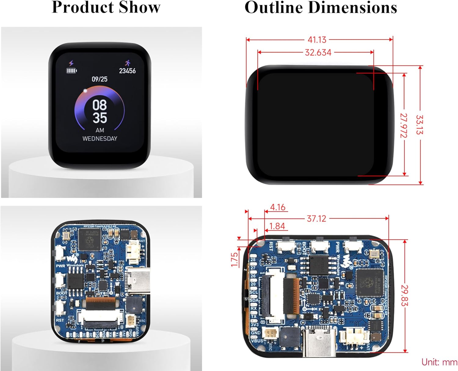 RP2350 1.69inch Touch LCD Development Board, RP2350 Microcontroller with 1.69inch Touch Screen 240x280 Resolution, Rounded Corners, Dual-Core & Dual-Architecture Design, 16MB Flash USB Type-C Port