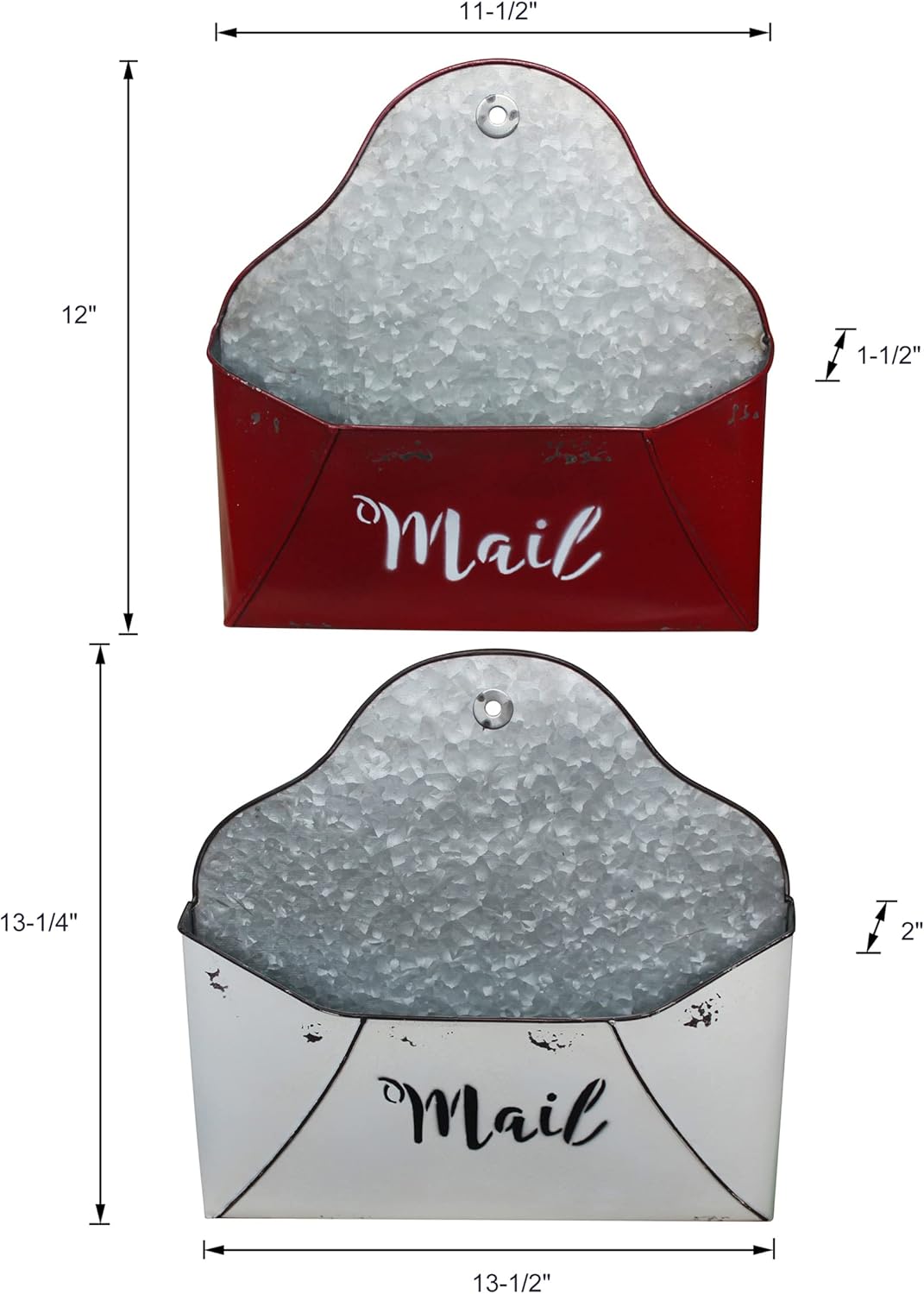 CVHOMEDECO. Galvanized Mail Holder Wall Mount Pocket Organizer Hanging Magazine File Holder for Home and Office Decor. Red and Ivory, Set of 2.