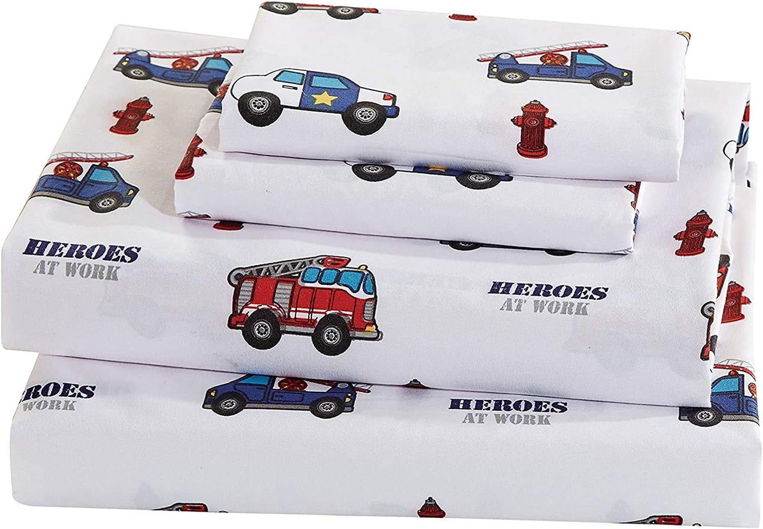 Linen Plus Sheet Set for Kids Heroes Fire Fighter Fire Trucks Police Car Ambulance Paramedic Navy Blue Red White Light Blue Grey Green Flat Sheet Fitted Sheet and Pillow Cases Queen Size New