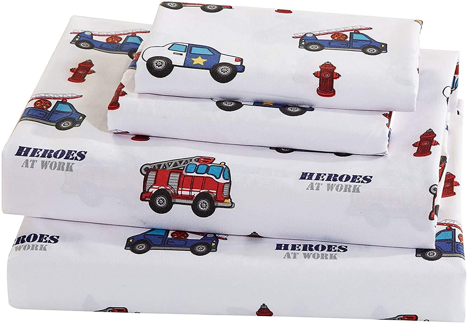 Mk Home 4 PC Queen Size Sheet Set for Boys Heroes on Call Firetruck Police Car Ambulance Red Blue White New