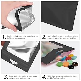 100 Pieces Resealable Mylar Bags and Frosted Clear Window Packaging Bags Foil Pouch Zipper Bag for Food Self Sealing Storage Supplies (Black, 5.12x8.27 inches)