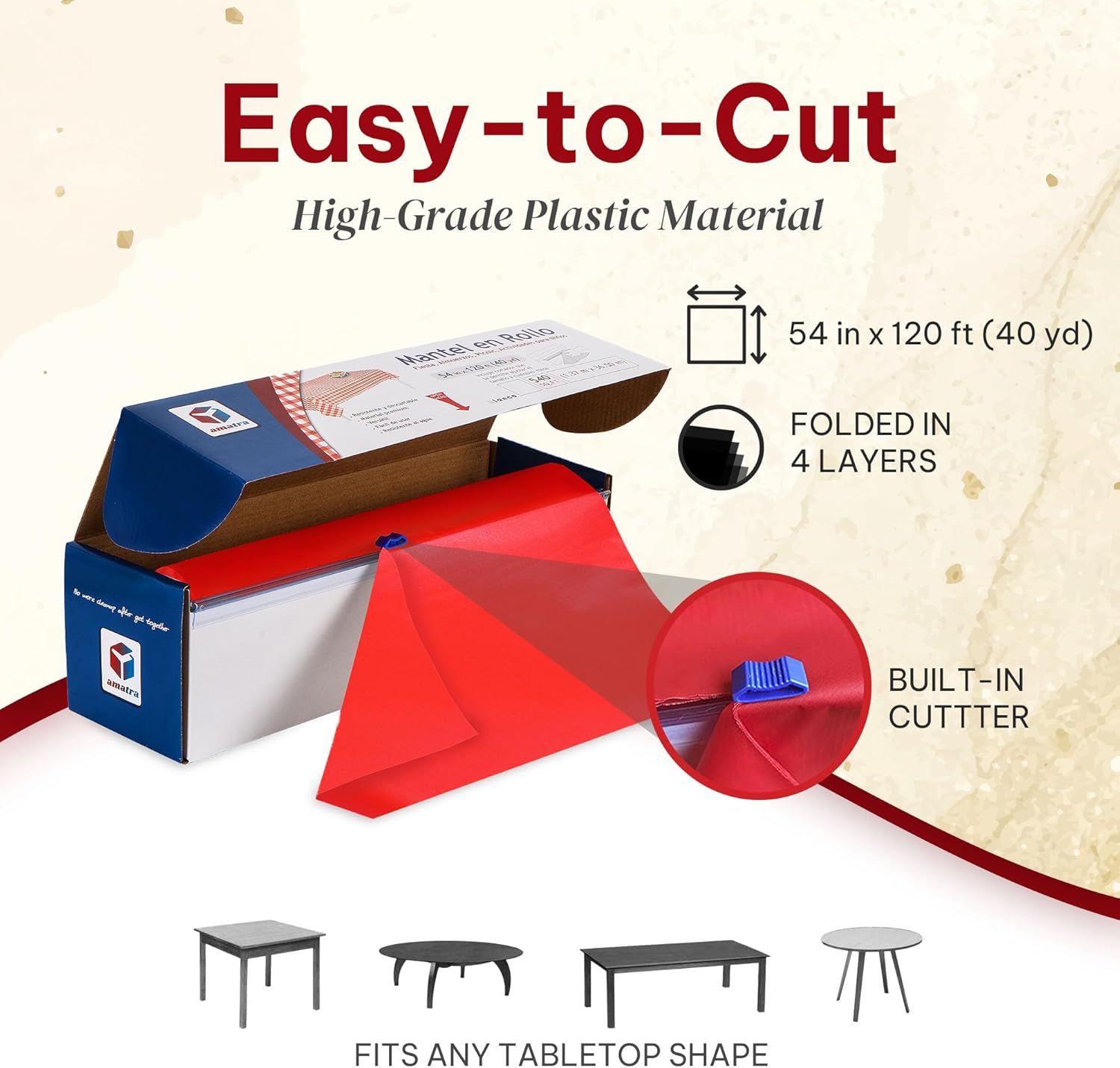 All-Purpose Plastic Table Cover Roll with Self-Cutter, Alternative to Regular Tablecloth, Disposable Table Cover, Plastic Table Cloth, 54 inches x 120 feet (40 Yards), Red