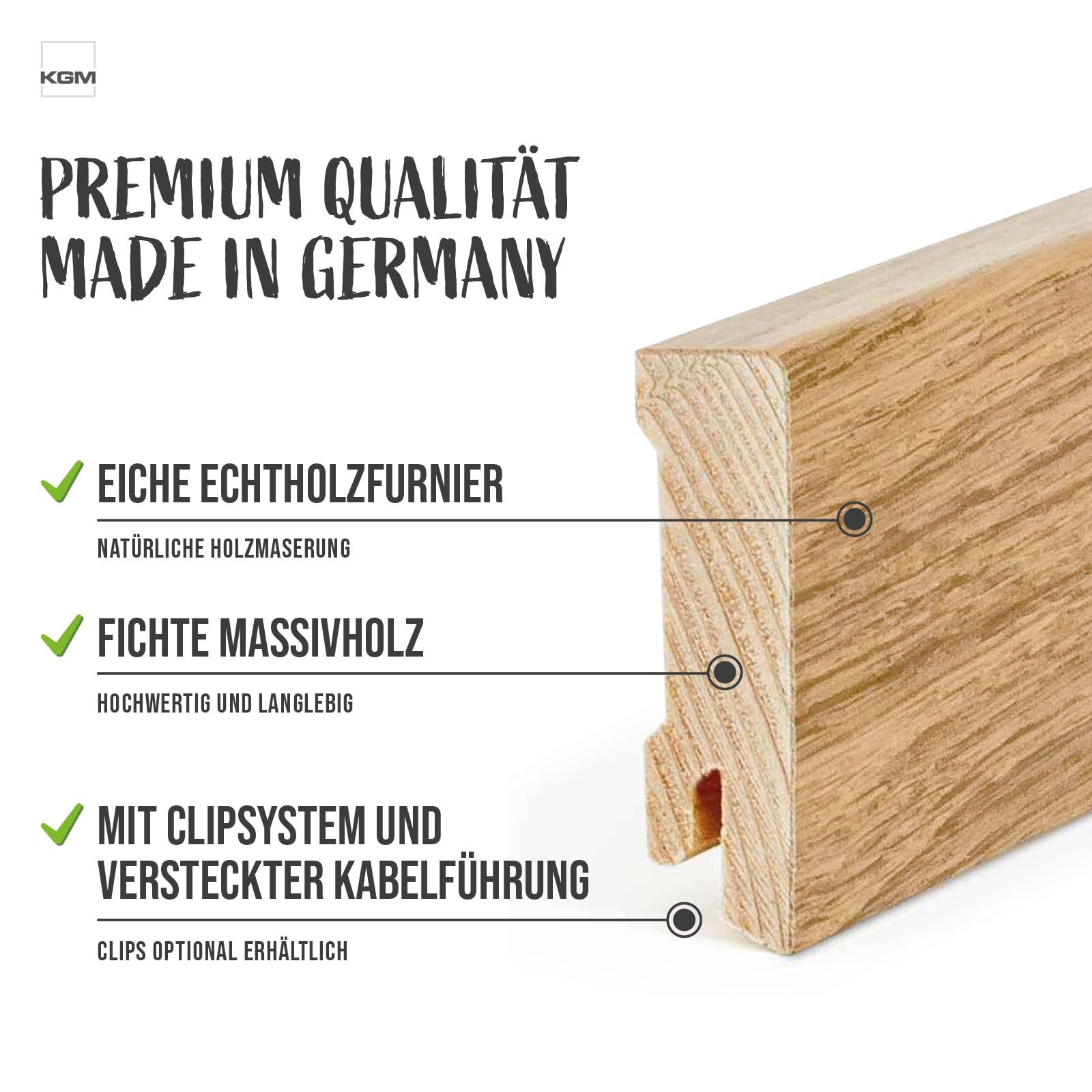 KGM Modern Sockelleiste Eiche – Massivholz – 2400 x 16 x 40 mm – 10 Stk