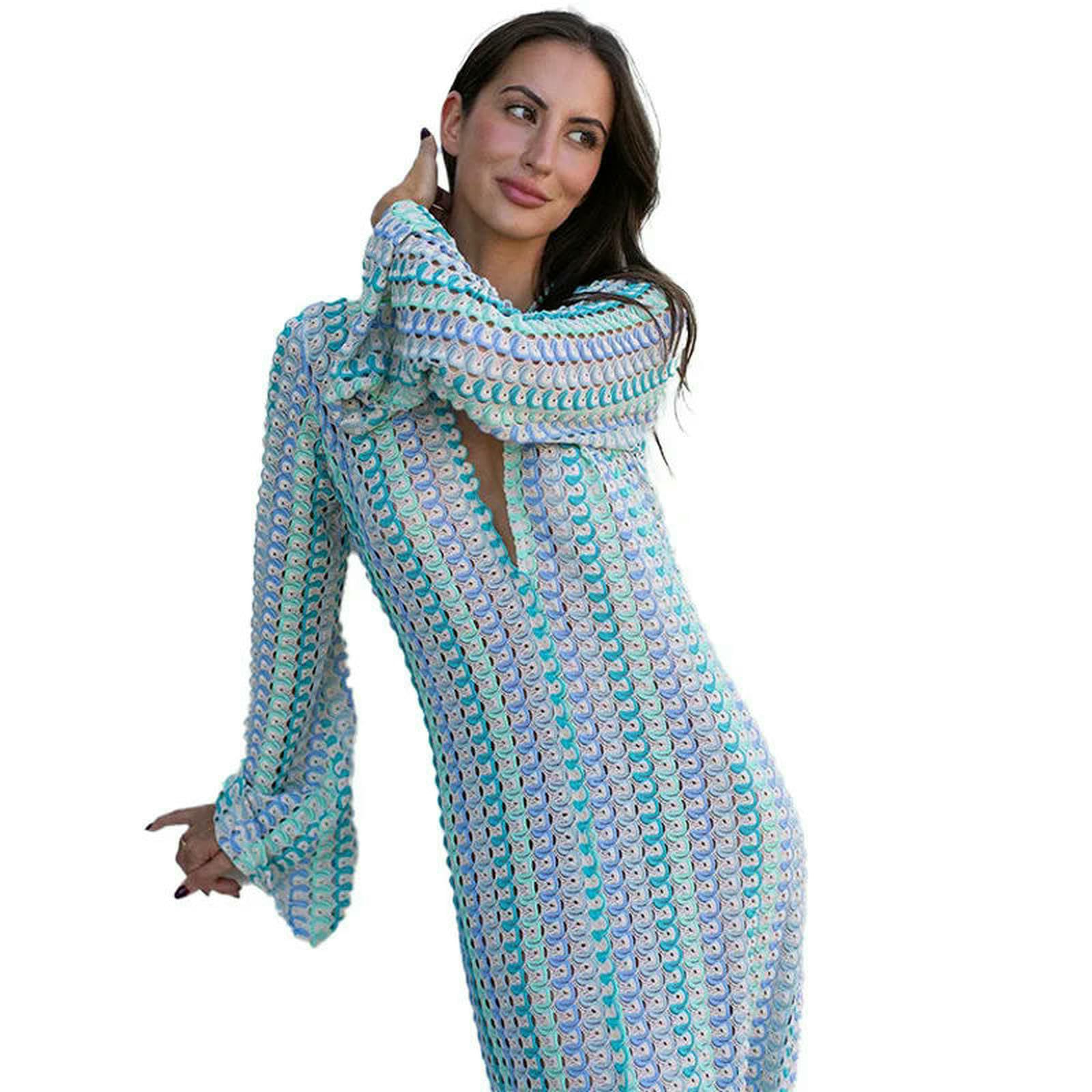 Vestiti a Maniche Lunghe Abito Strisce Colorate da Donna, Diviso con Manicotto V-Collo V, Lungo in Pizzo Sexy, Nuova Spiaggia E Abbigliamento per Banchetti, Vestidos Eleganti