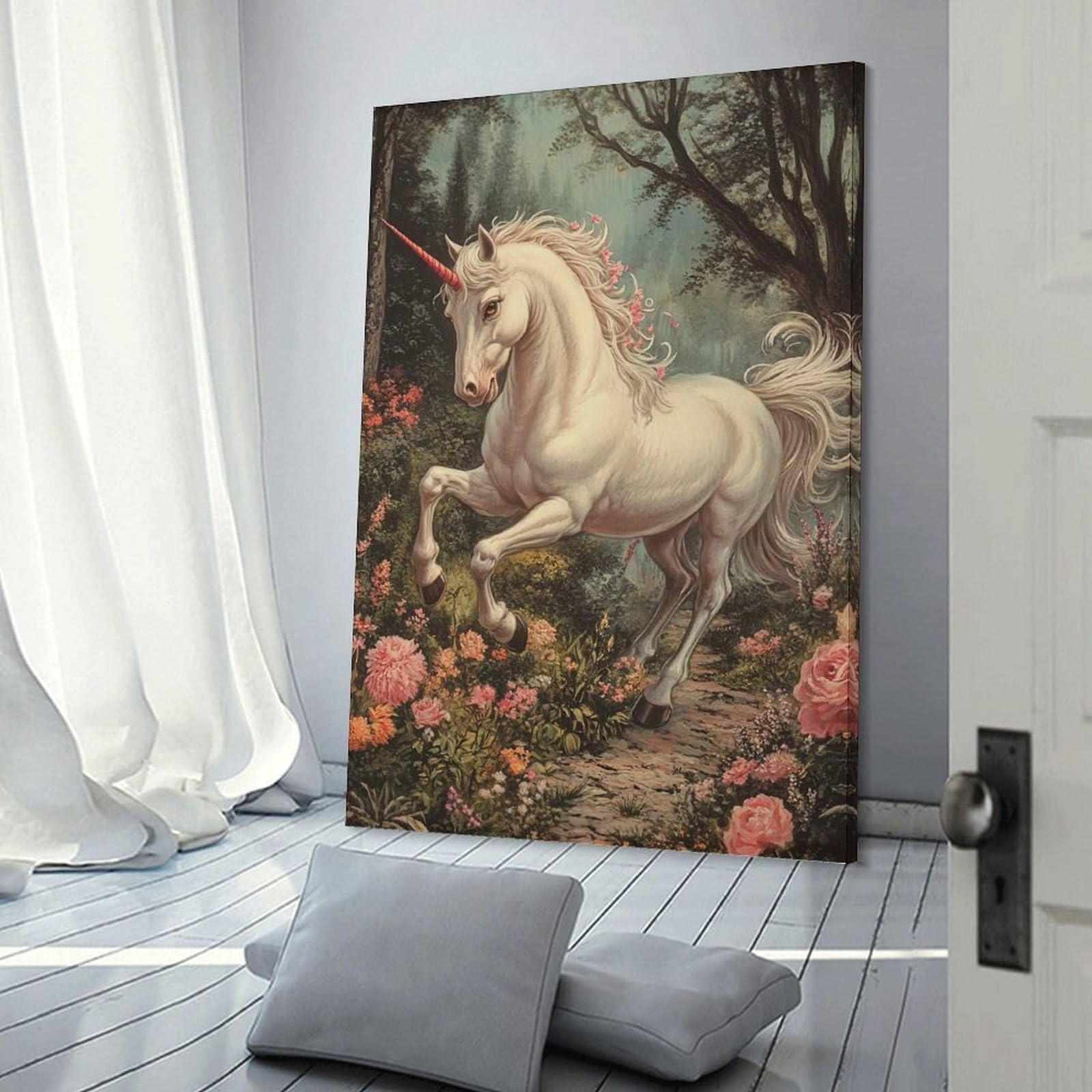 Junmoney Enchanting Unicorn in A Floral Forest Home Decor Wall Art 20x30inch(50x75cm), for Office, Study Or Home Workspace, Home Office Artwork with Decorative Appeal